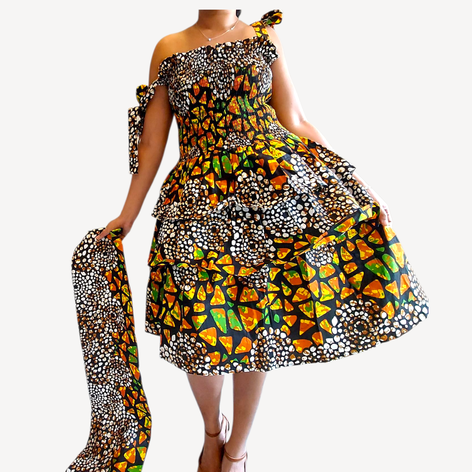 Flounce Dress/Shoulder Straps /African Anarka  Print KVZ66