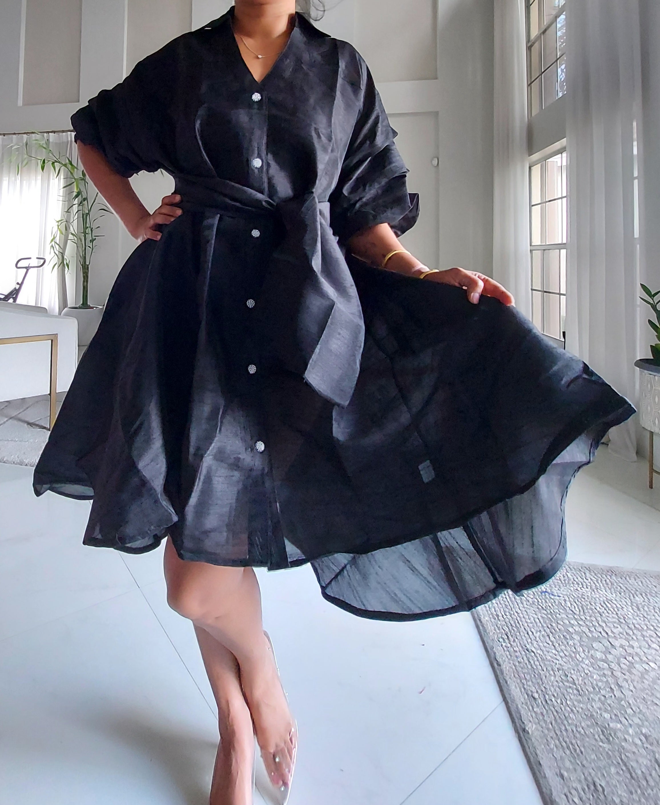 Swing Dress/ Faux Silk/ Ruffle Sleeve - 758 Black