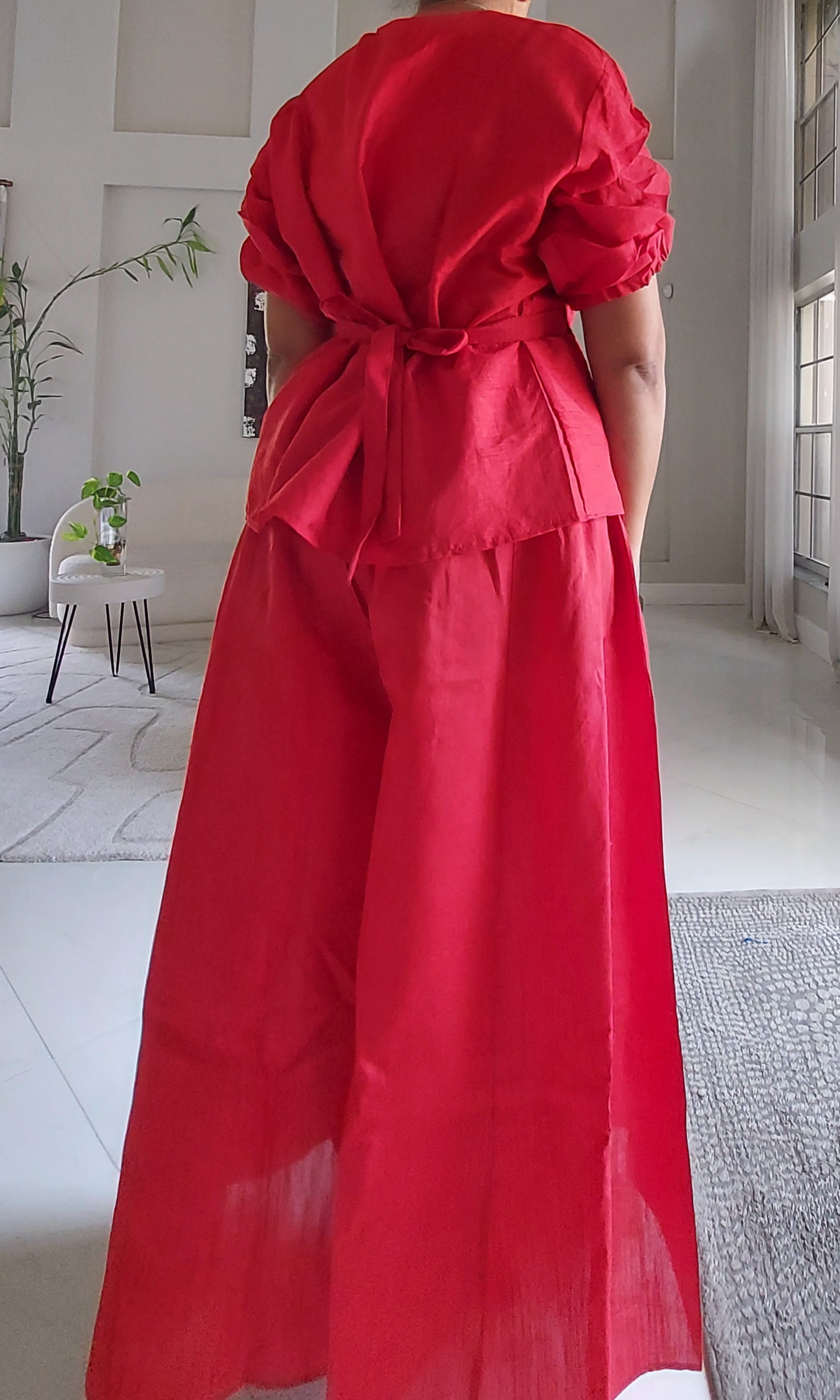 Faux Silk Palazzo Pant Set - Red 4196