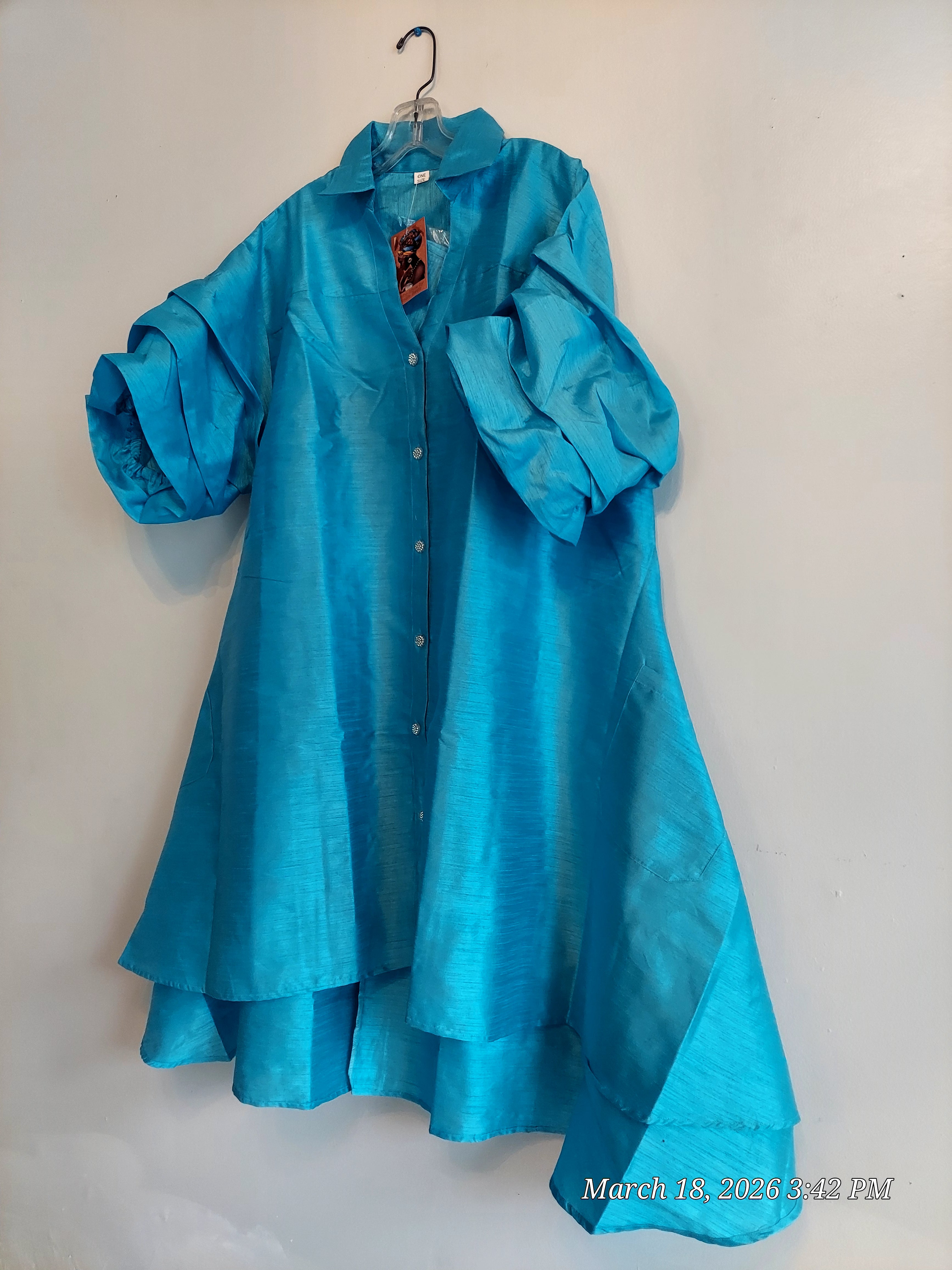 Swing Dress/ Faux Silk/ Ruffle Sleeve - 758 Teal