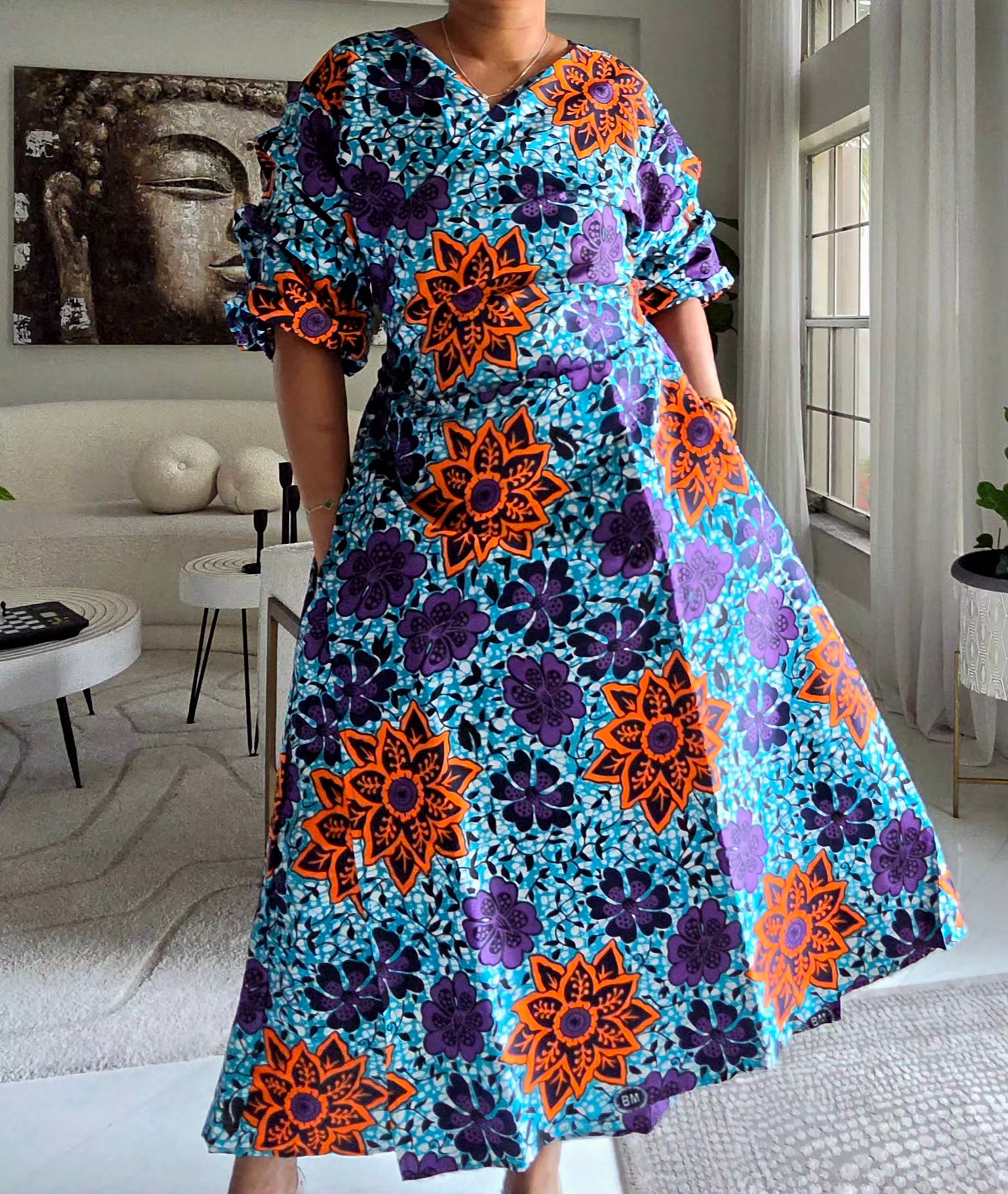 746 Wrap Dress With Puffed Sleeves Print 840