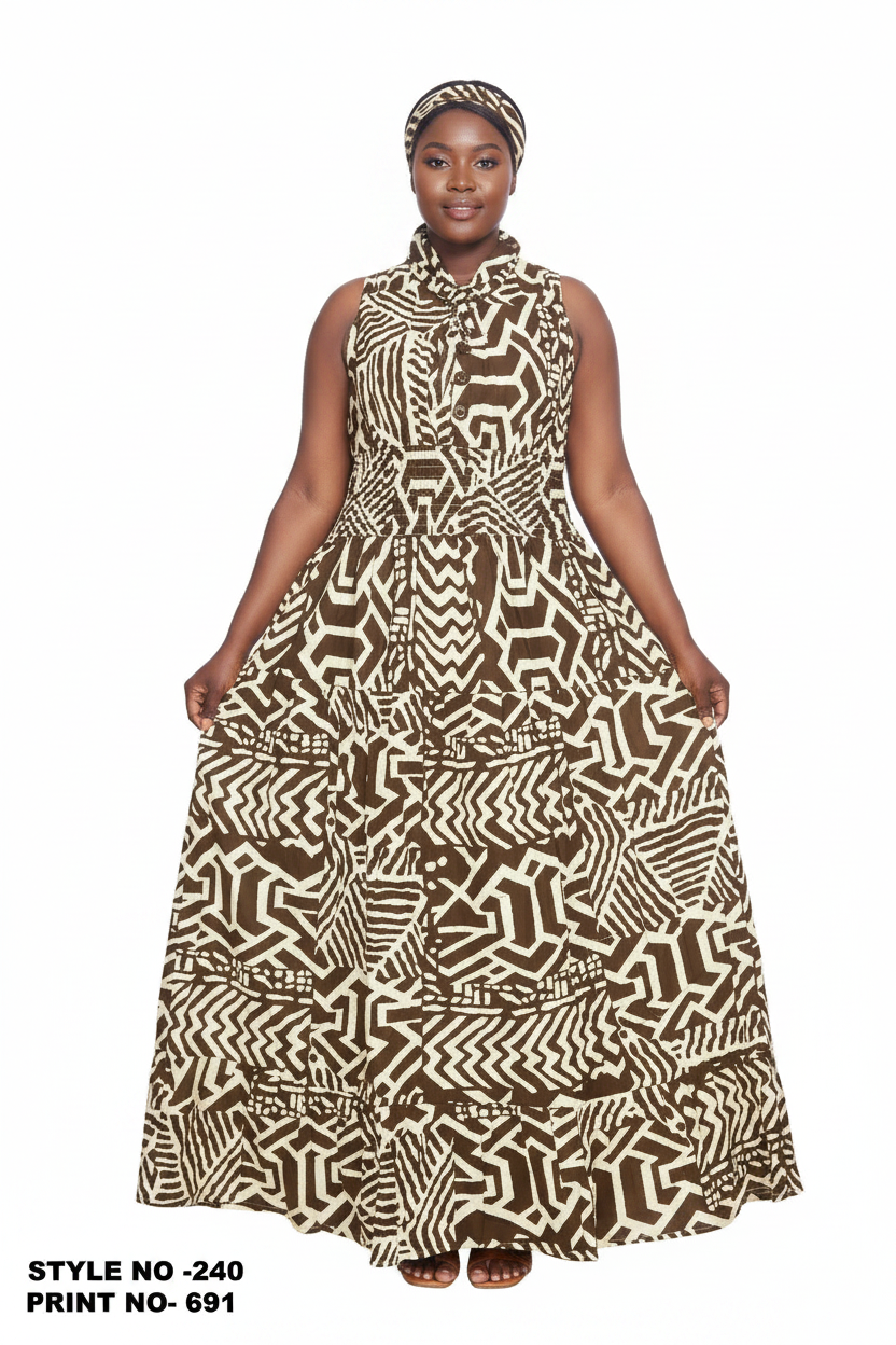 5005 Smocked Dress With Scarf Print 691