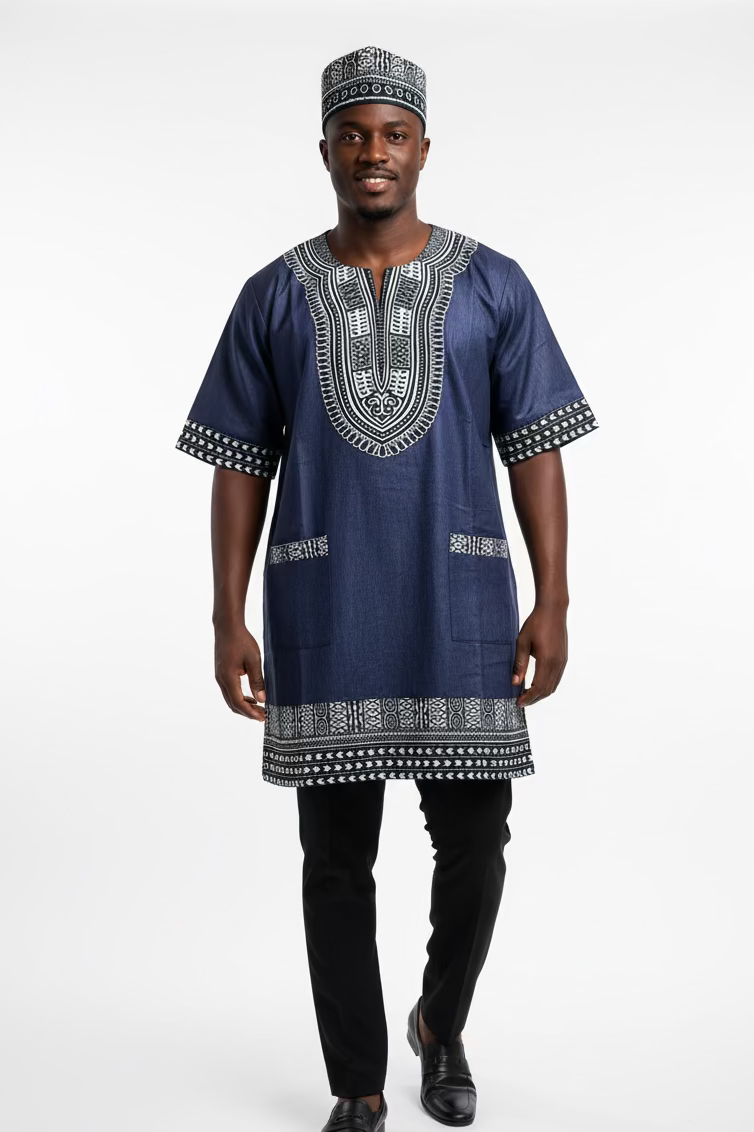 Tunic Shirt / Men Denim Dashiki With Kufi Hat- Dark Green 106
