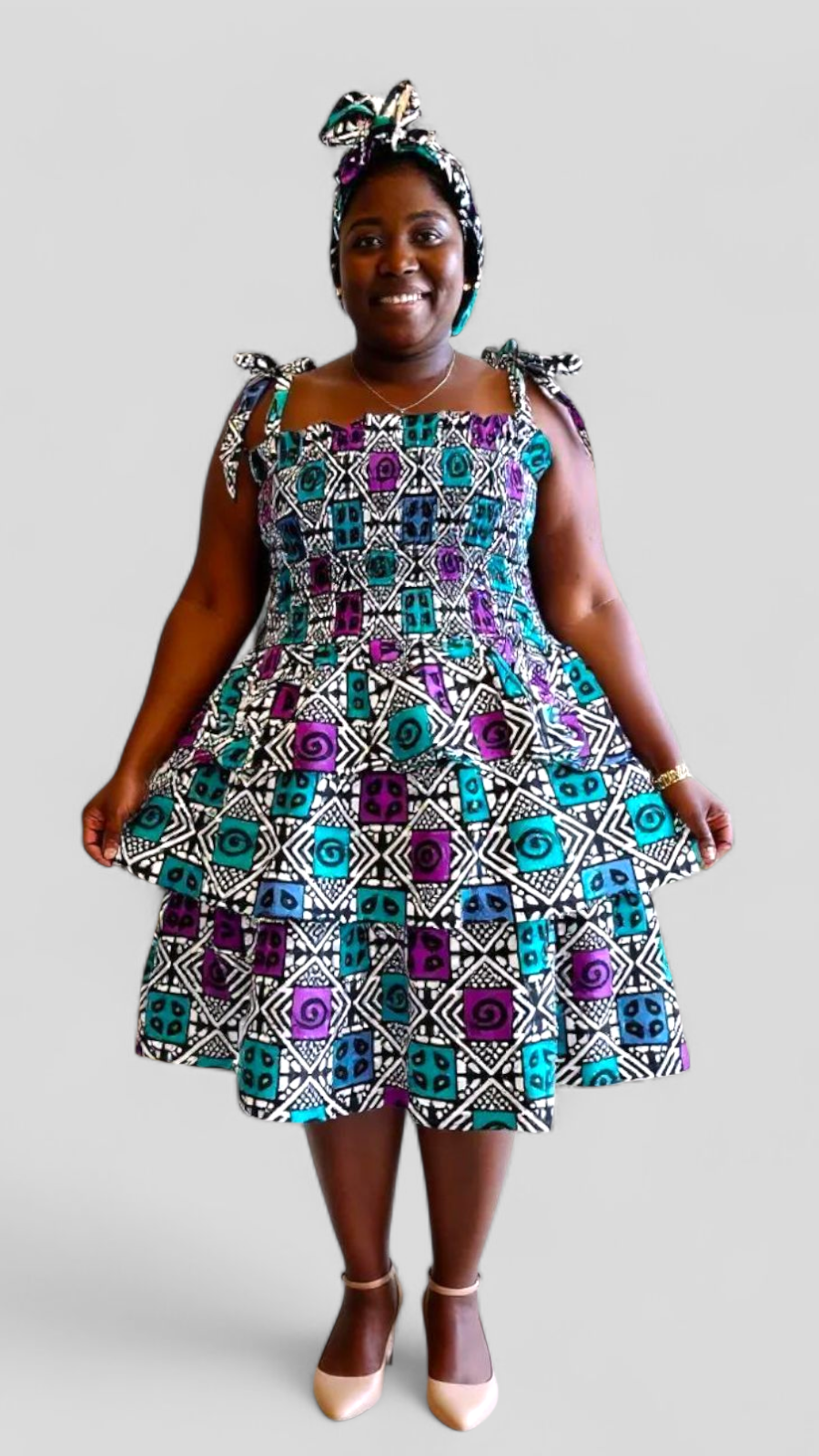 Flounce Dress/Shoulder Straps /African Anarka  Print KVZ66