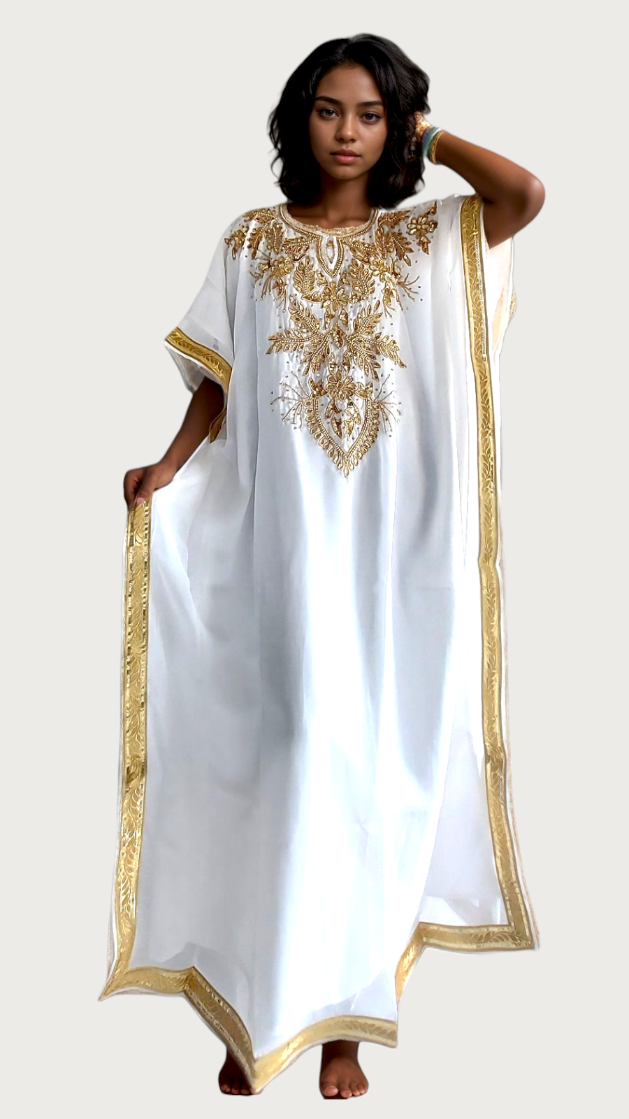Beaded kaftan Dress & Scarf - KVZ White/Gold