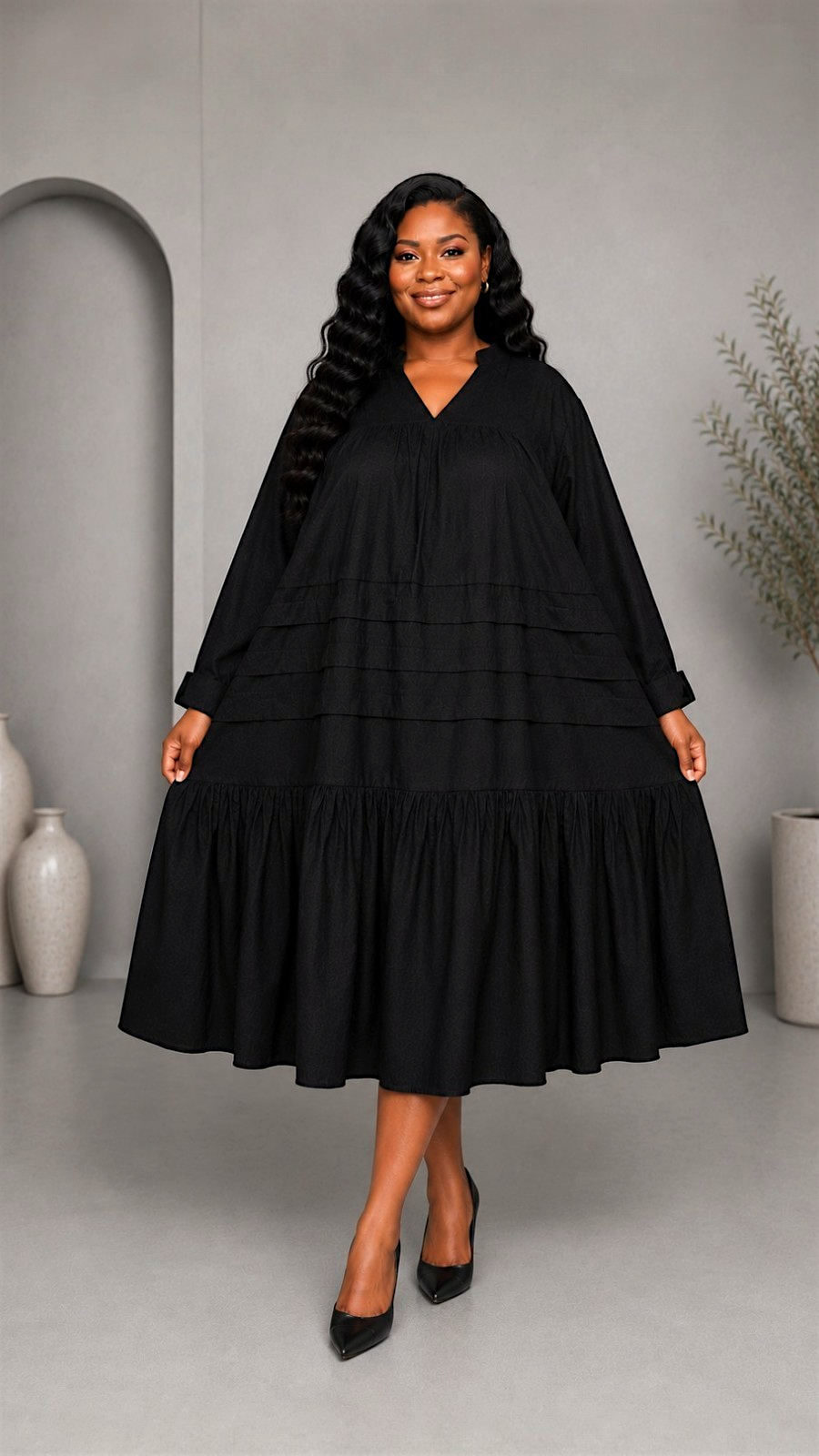 Tiered Midi Dress Black -7580