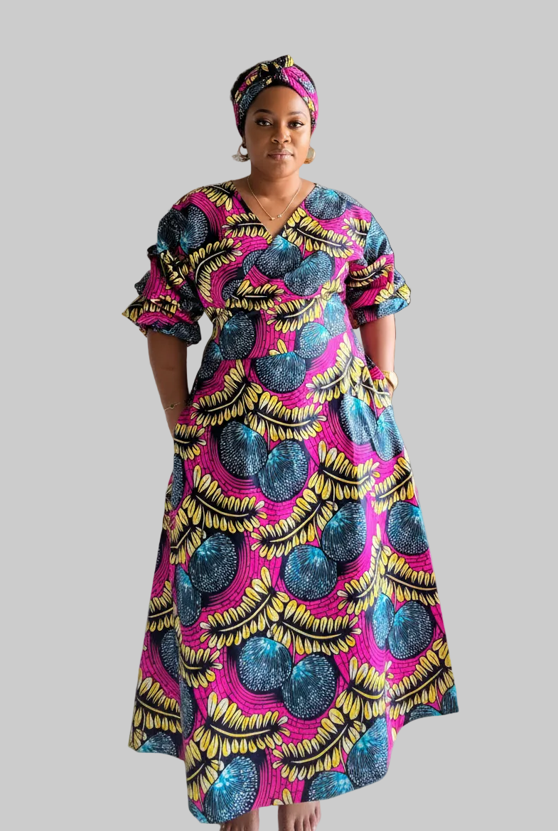 746 Wrap Dress With Puffed Sleeves Print Pink Floral