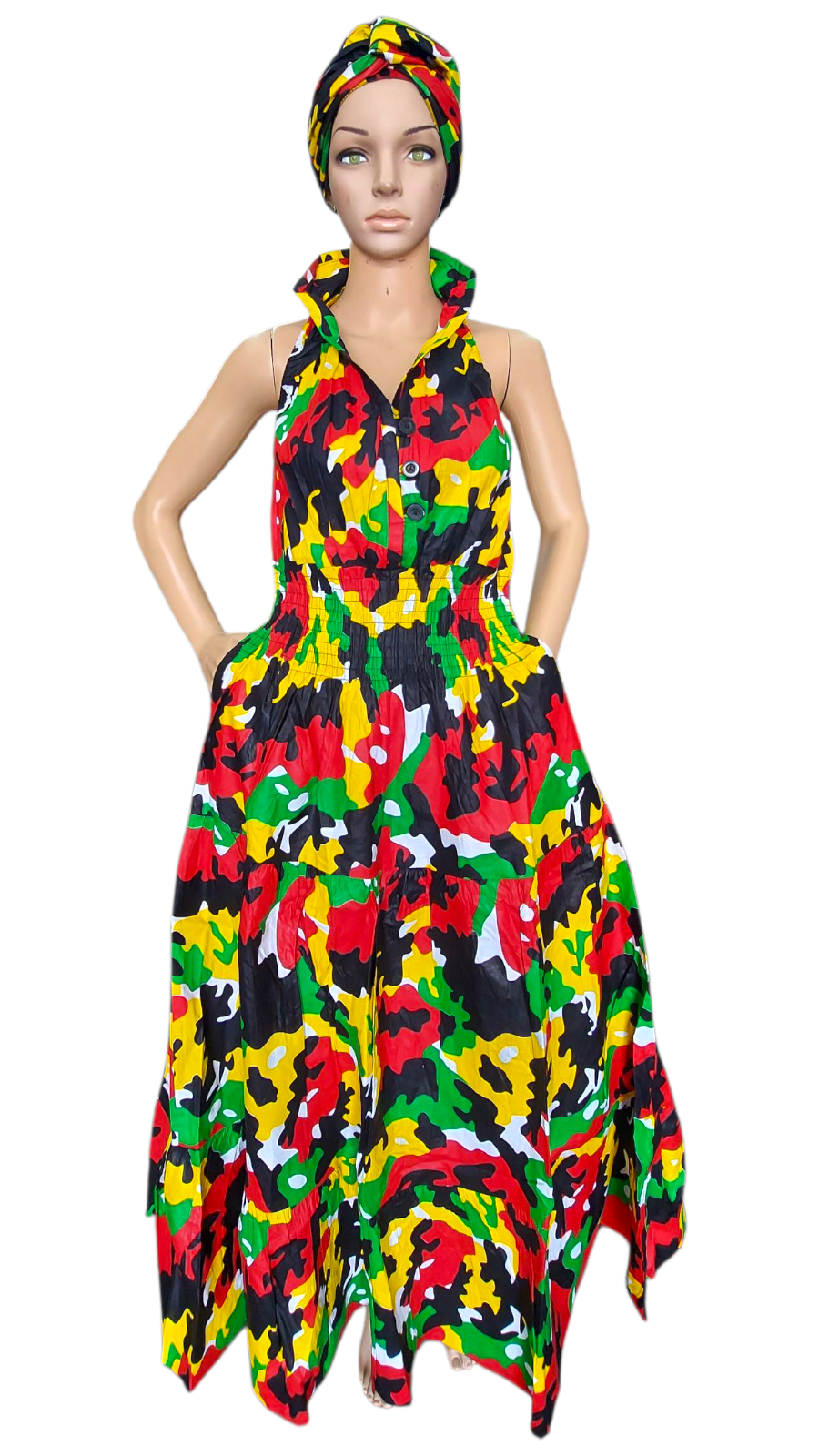 Smocked Halter Dress With Scarf Army Rasta - 3028L