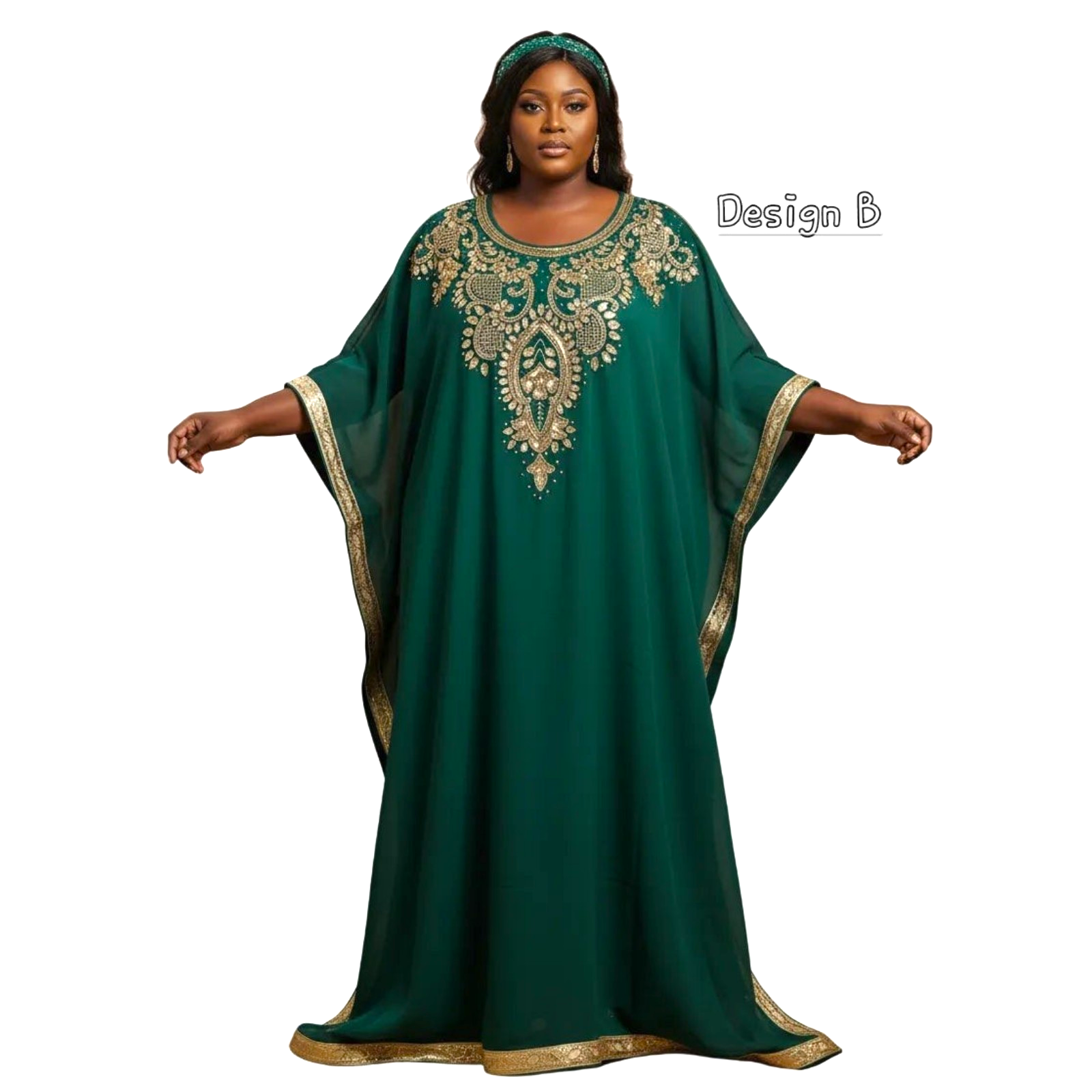 Beaded kaftan Dress With Gold Border Forest Green