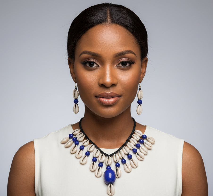 Cowrie Shell Necklace/ Earring Set- Blue