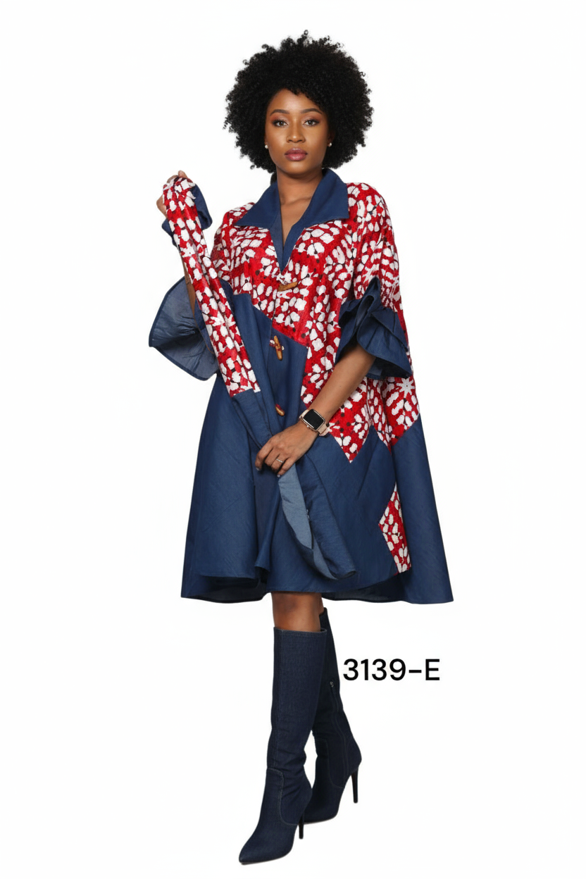 Denim Swing Dress with Ankara African Print 3139-E