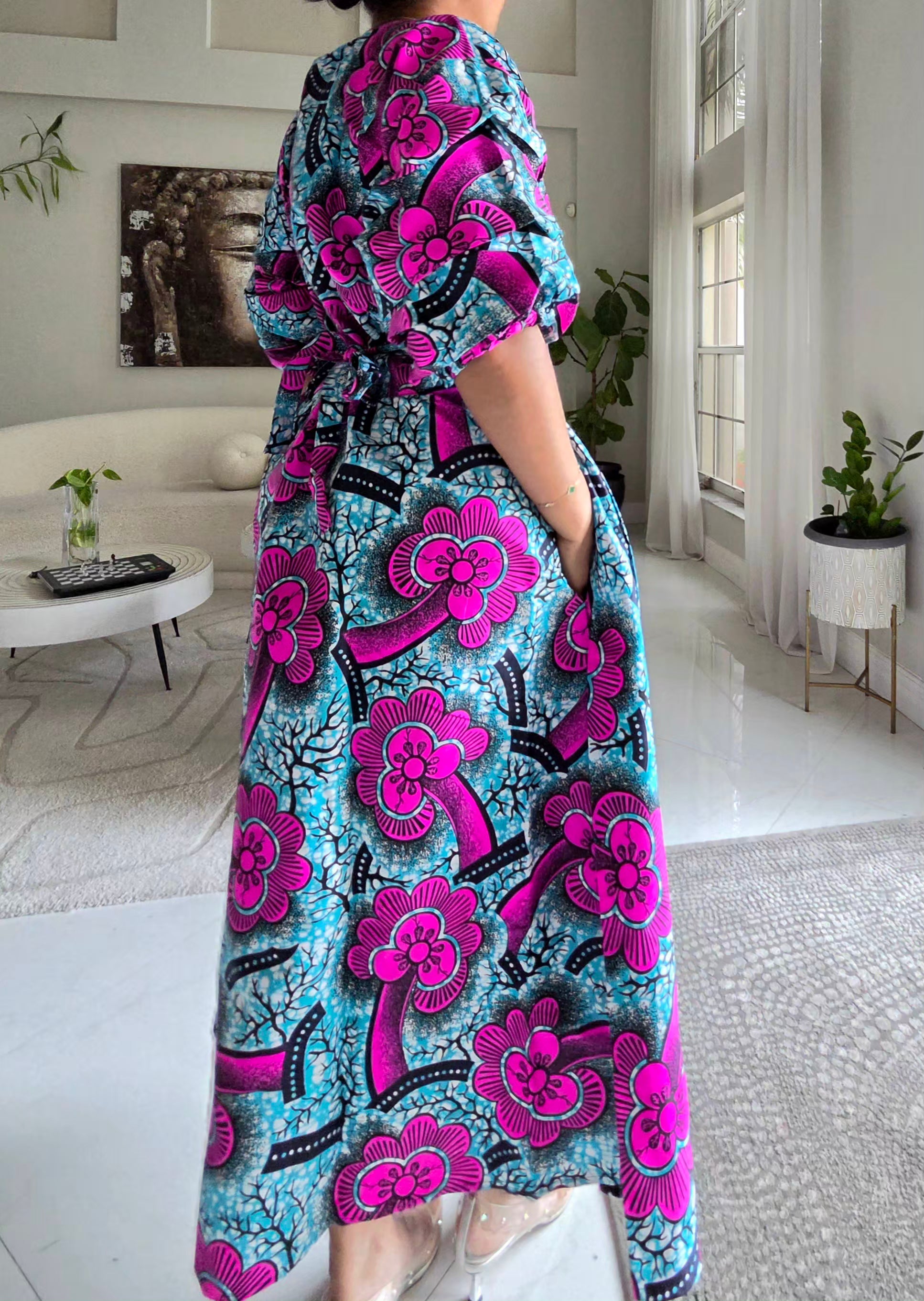 746 Wrap Dress With Puffed Sleeves Print 742