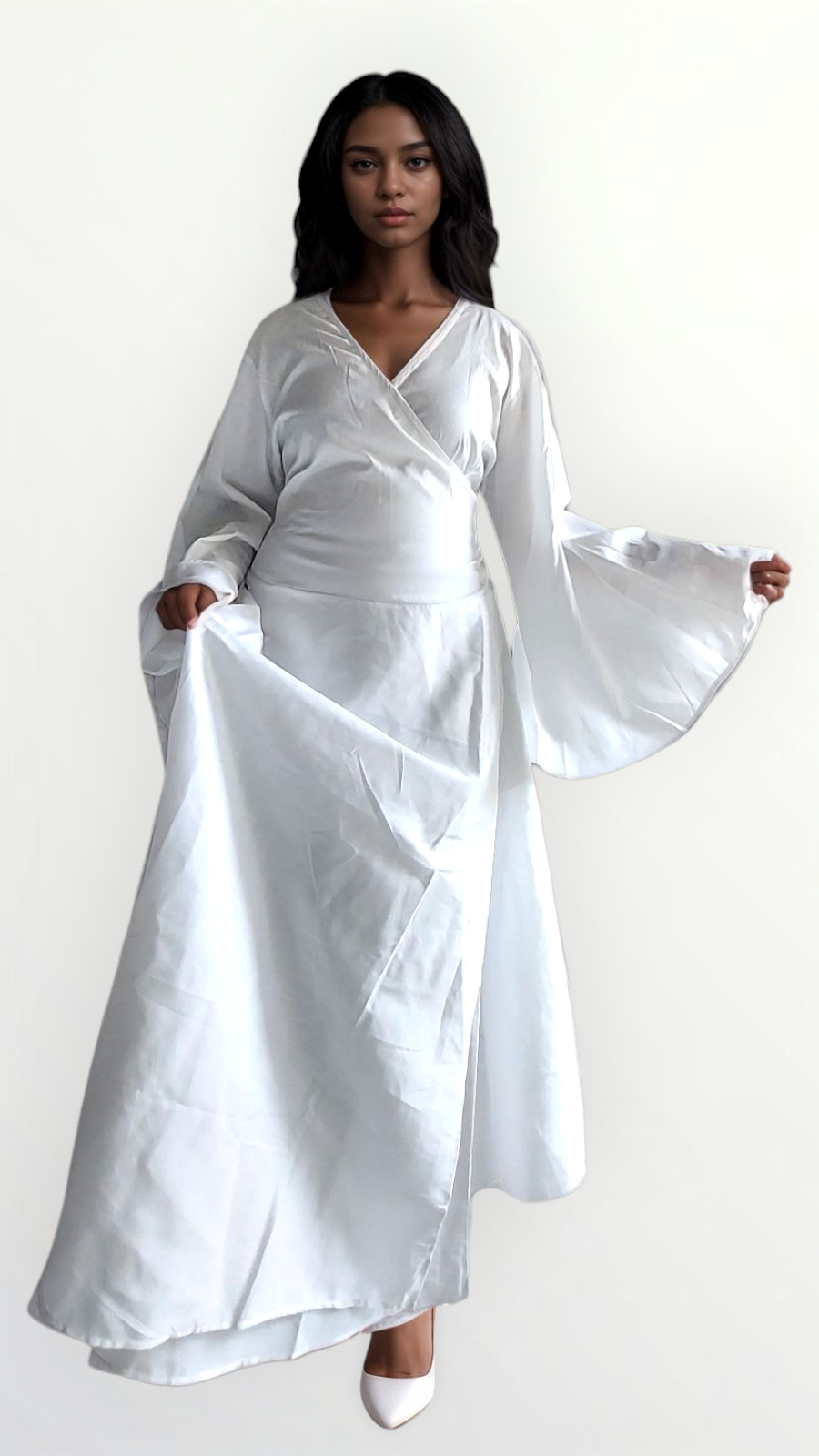 Women Wrap Around Dress/Bell sleeve - 1360 White