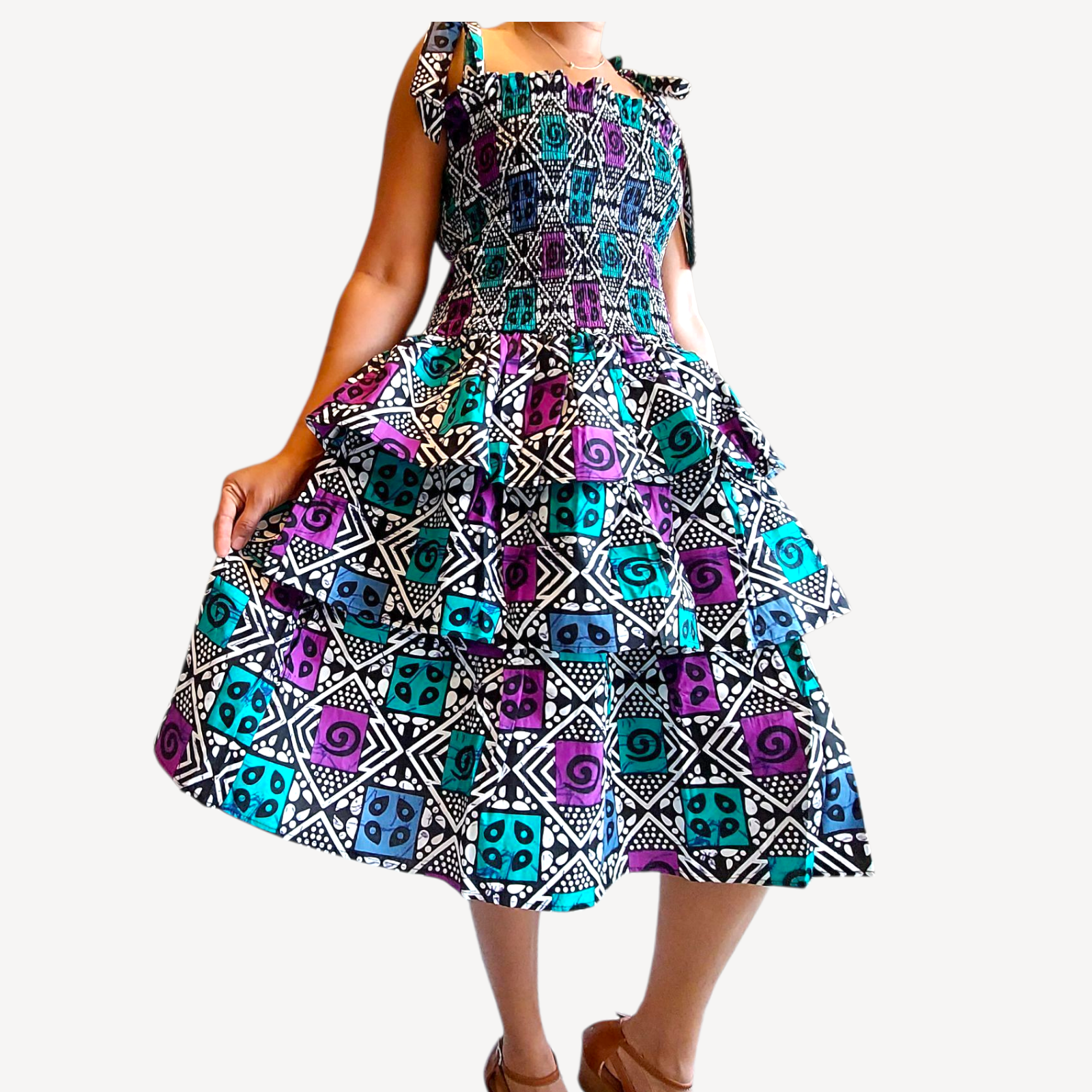 Flounce Dress/Shoulder Straps /African Anarka  Print KVZ66
