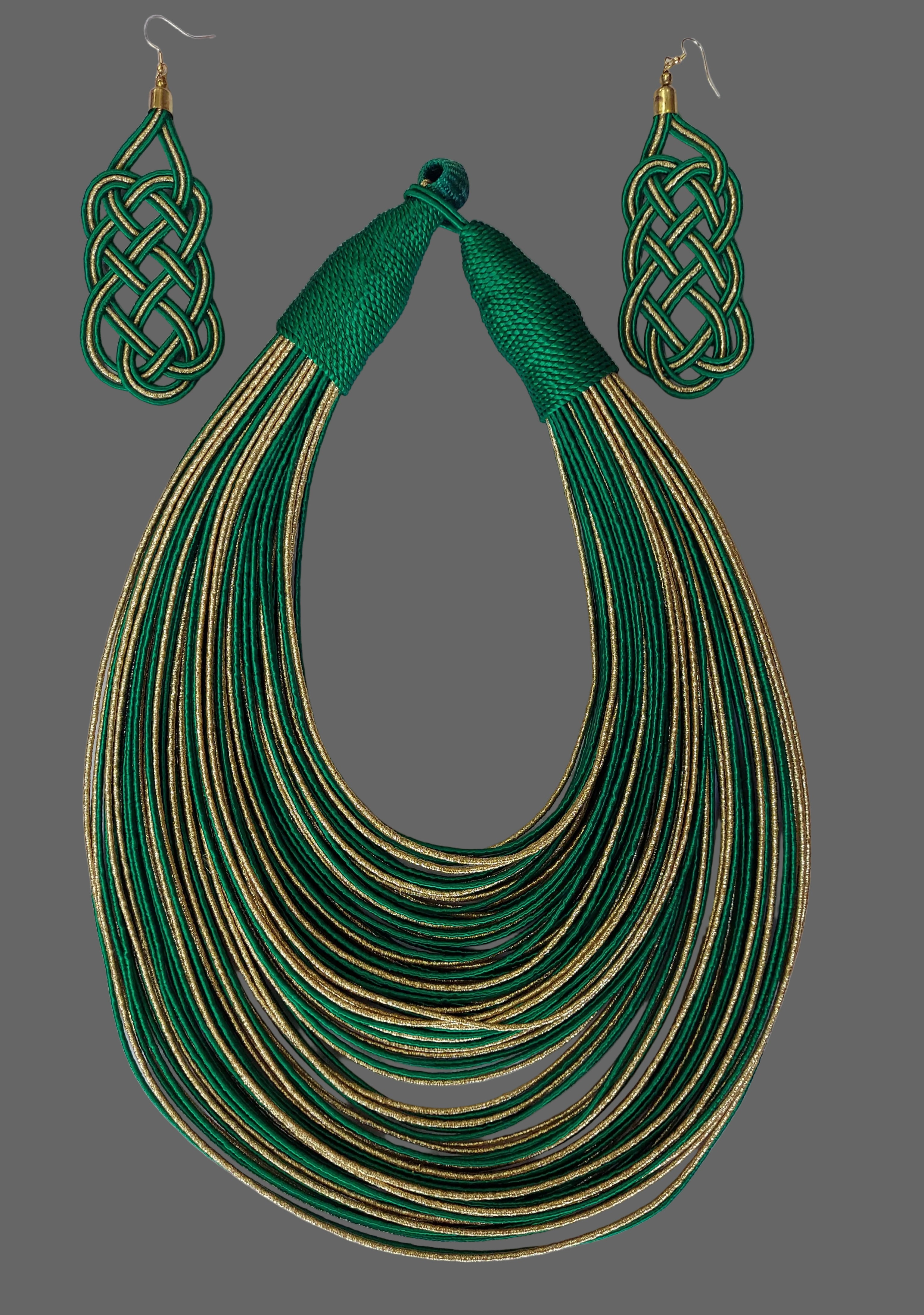 Rope Layered Necklace & Earrings Set Two Tone Green/Gold