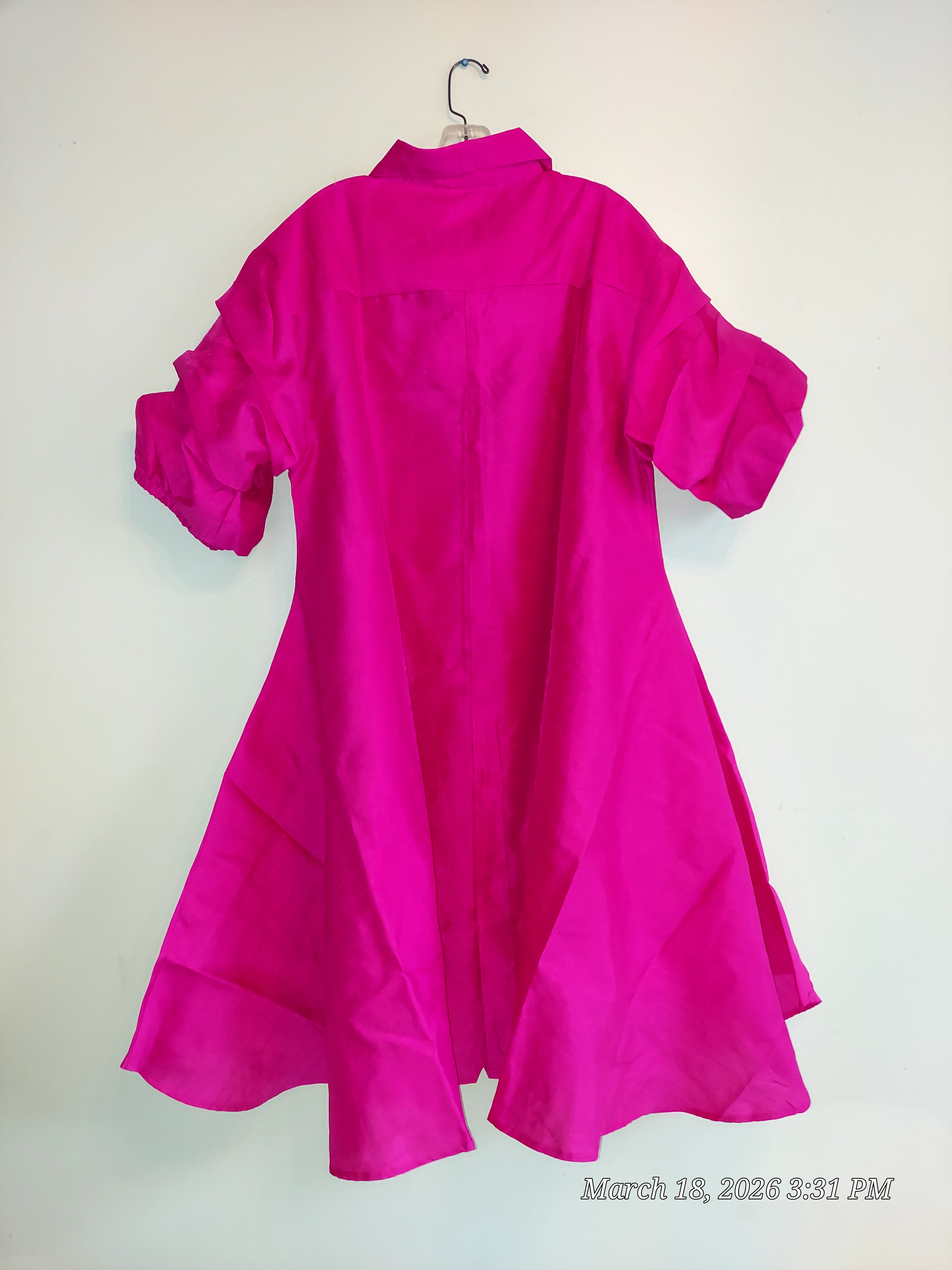 Swing Dress/ Faux Silk/ Ruffle Sleeve - 758 Bright Pink