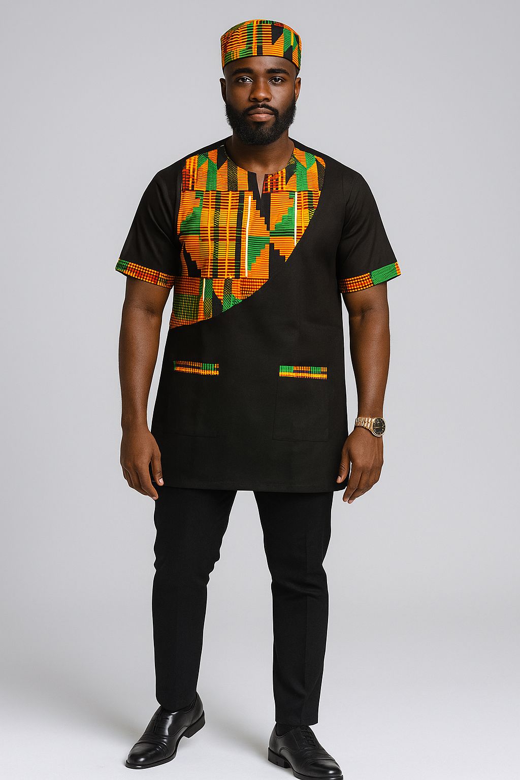 Men Tunic Shirt & Kufi Hat Kente Accent- Black M040