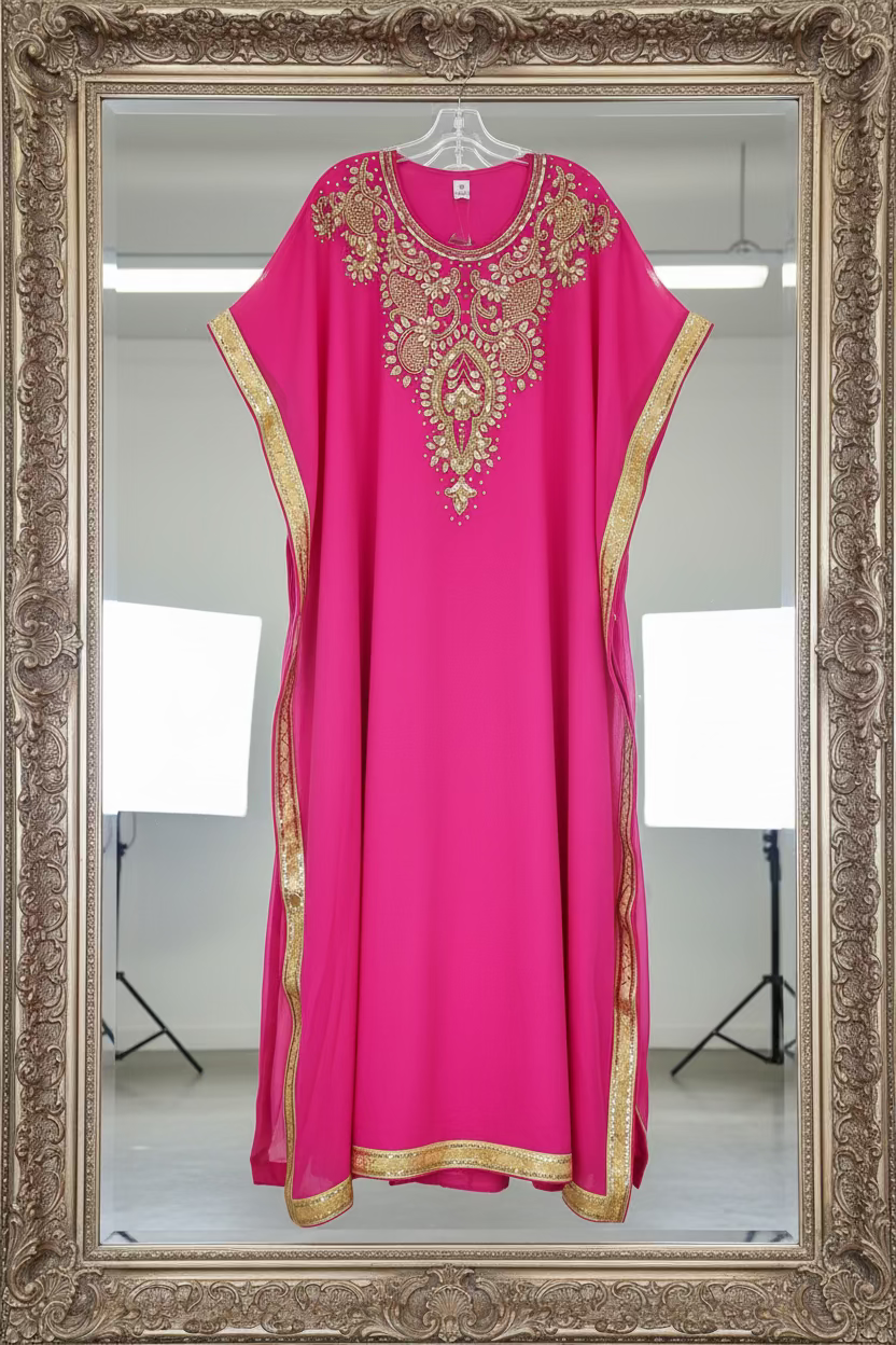 Beaded kaftan Dress With Gold Border Fuchsia 103