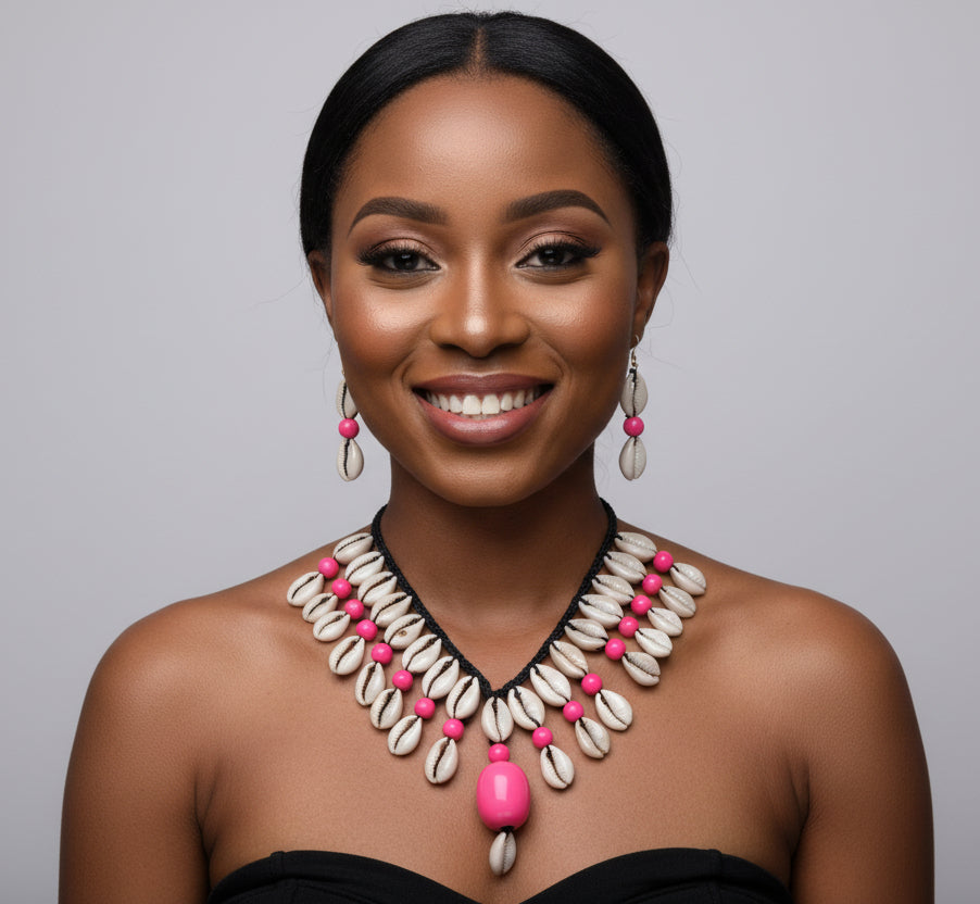 Cowrie Shell Necklace/ Earring Set- Pink