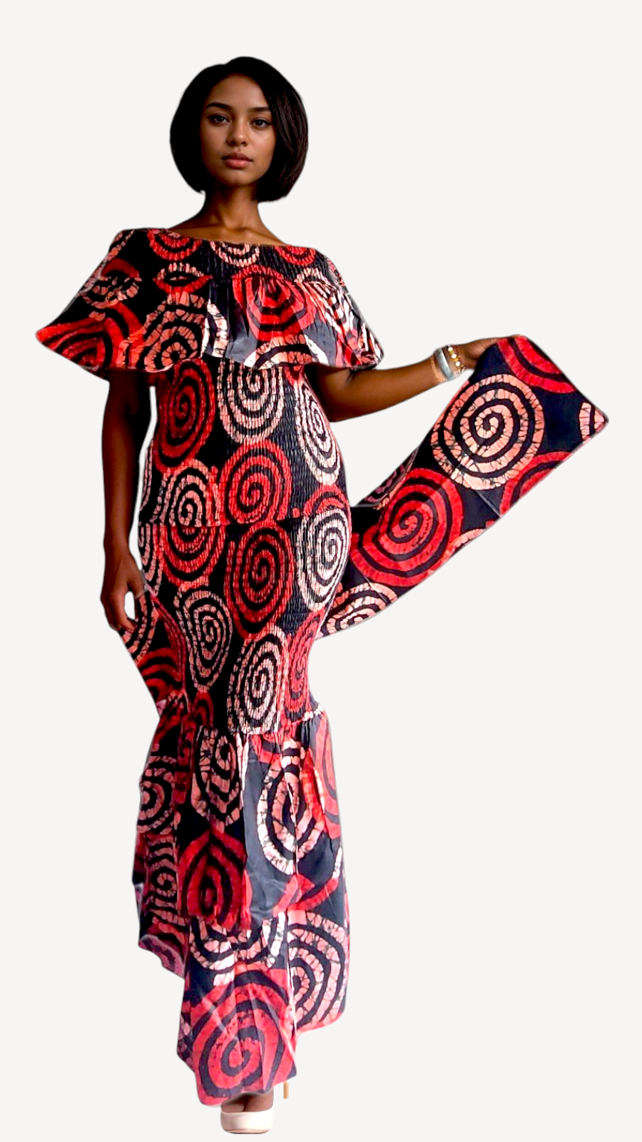 Smocked fitted & flare Skirt & Blouse Set-DRS019 Red