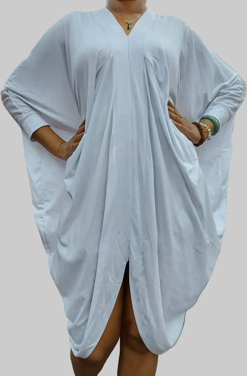 White Jersey Caftan Dress | Pleated V-Neck Resort Bubu AA18809