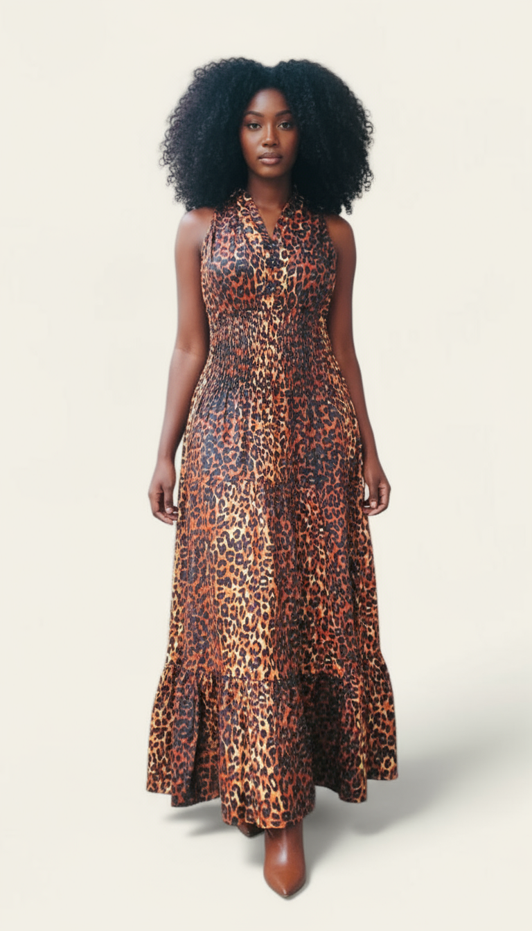 Smocked Halter Dress With Scarf Brown Animal- 3028L