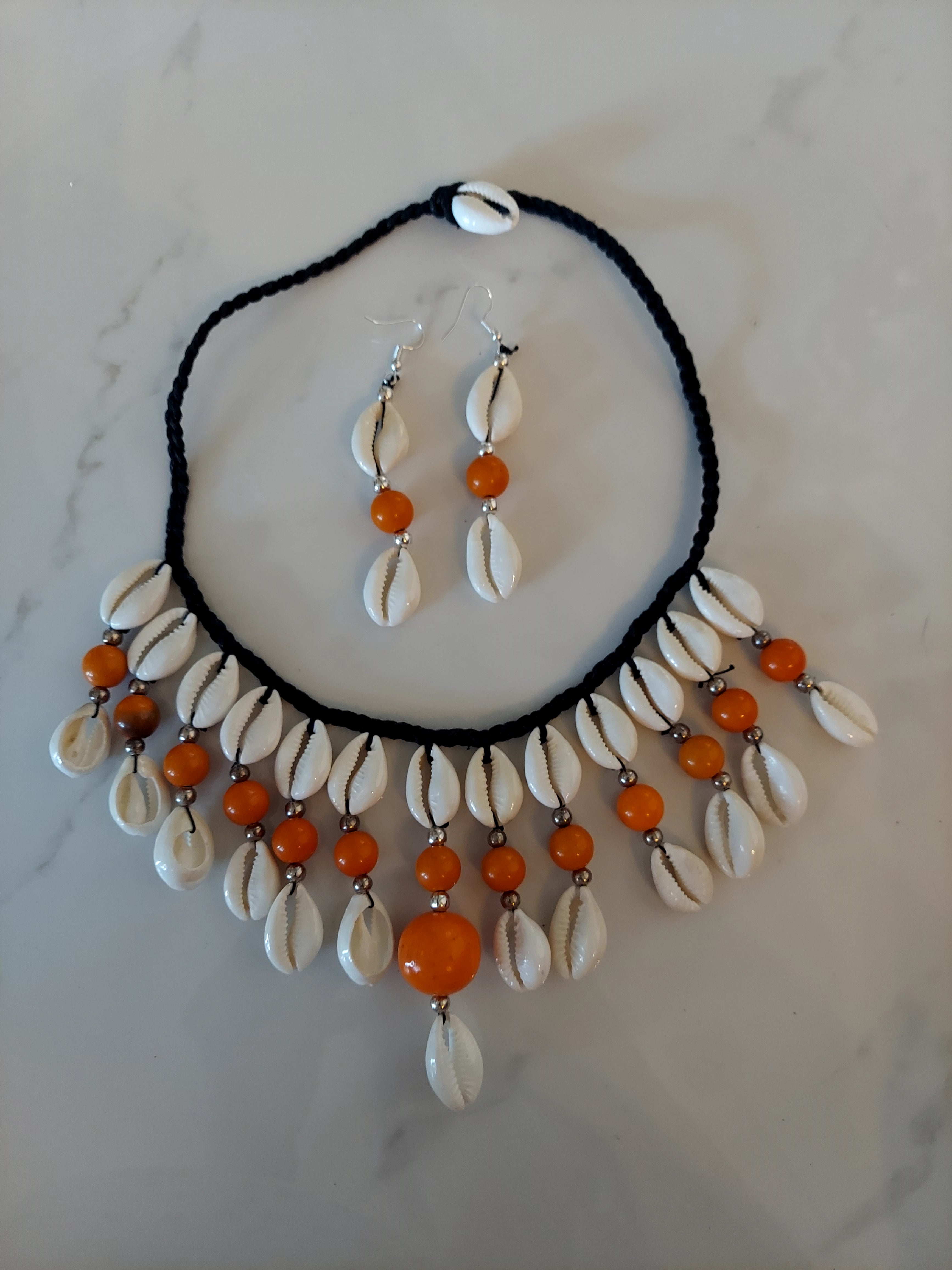 Cowrie Shell Necklace/ Earring Set Orange