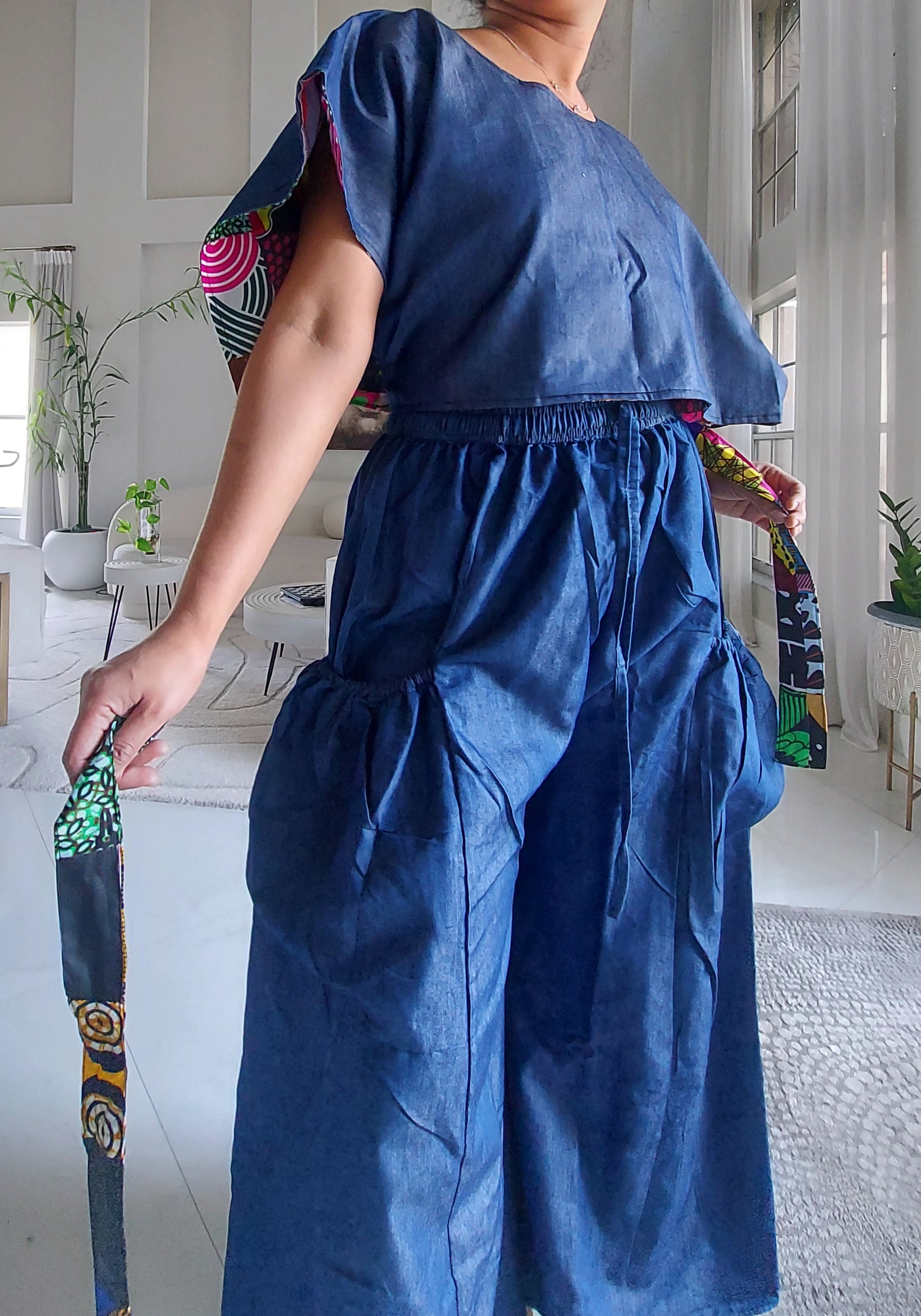 Denim Big Pocket Palazzo Pant - 45 Dark Blue Denim