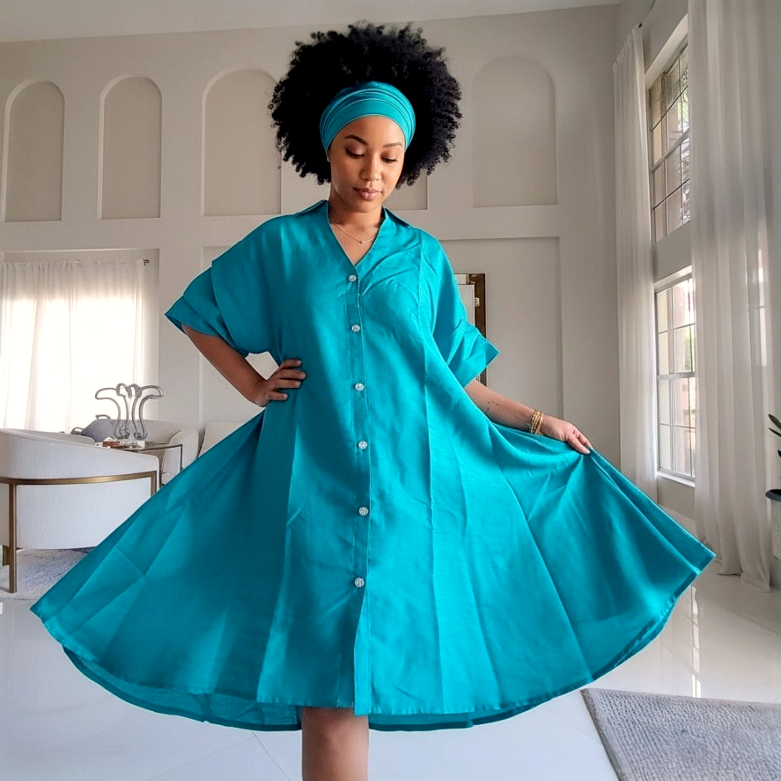 Swing Dress/ Faux Silk/ Ruffle Sleeve - 758 Teal