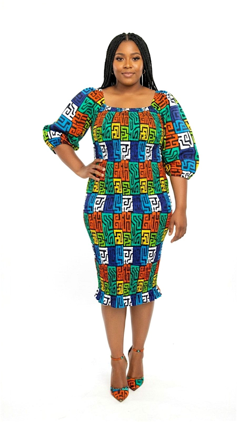 Fitted Smock Mid length Dress/ Puff Sleeve-KVZ35 Multi