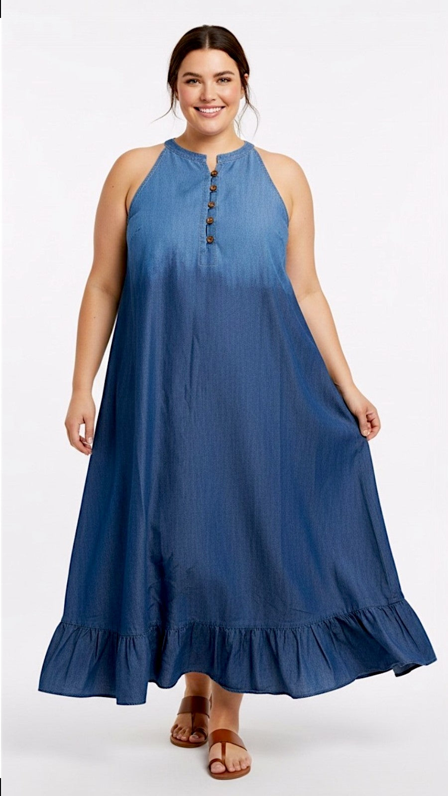 Haltered Neck Button Long Dress 795 Two Tone  Denim