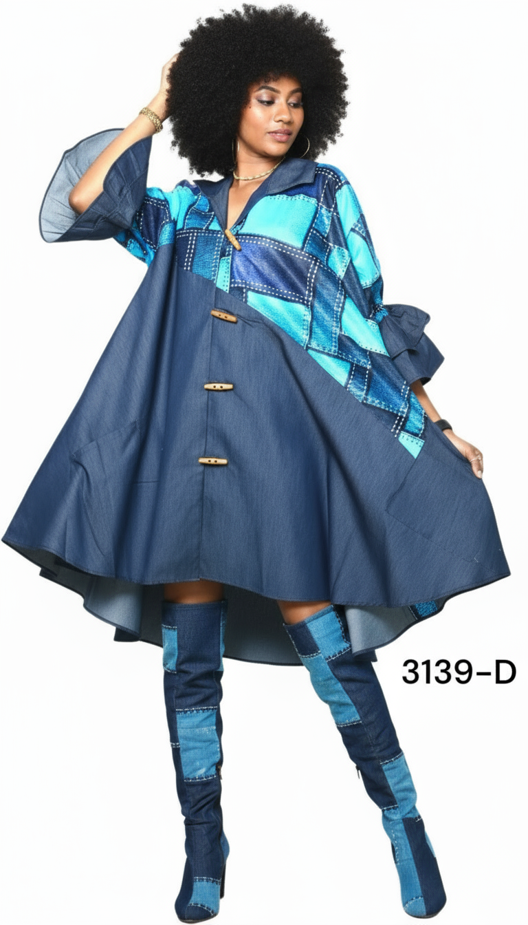 Denim Swing Dress with Ankara African Print 3139-D