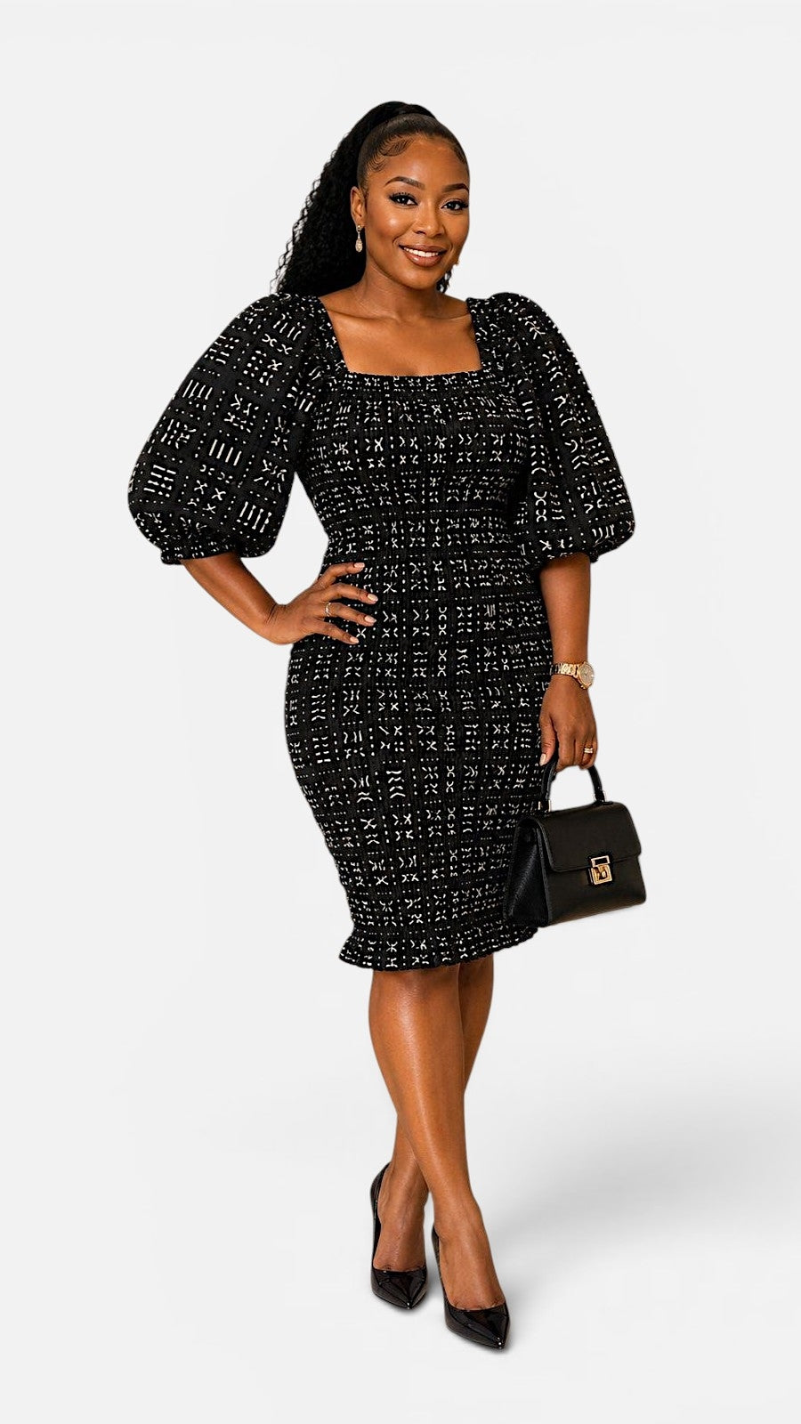 Fitted Smock Mid length Dress/-KVZ35 Black