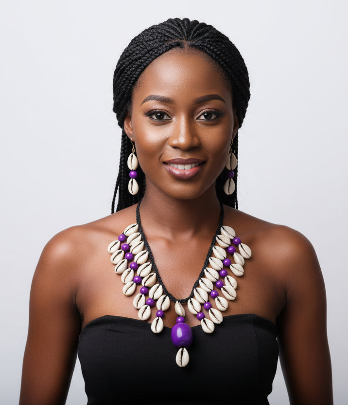 Cowrie Shell Necklace/ Earring Set- Purple