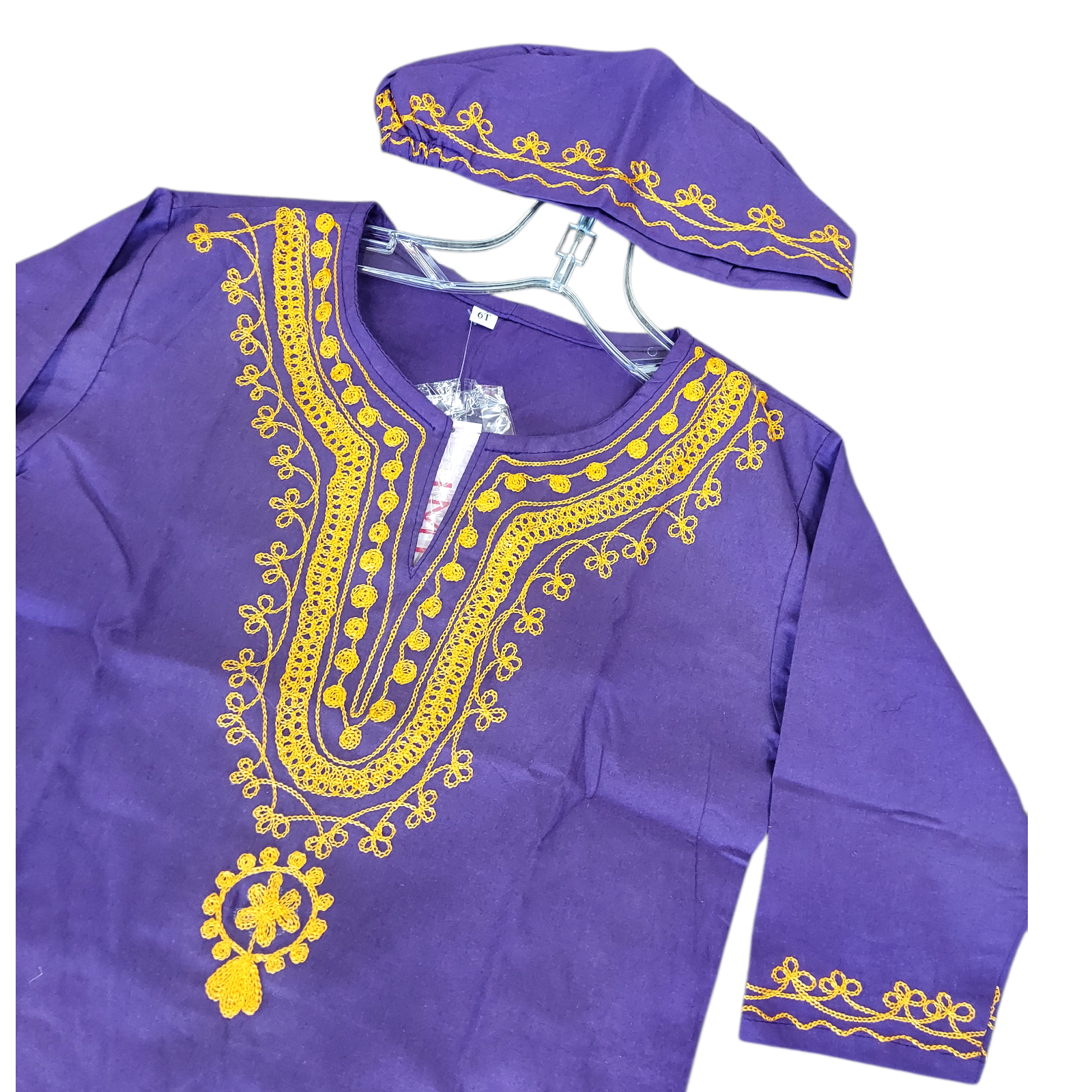 Boys 3 Pcs Embroidery Set/ Pant/Tunic/Kufi Hat 111 Purple