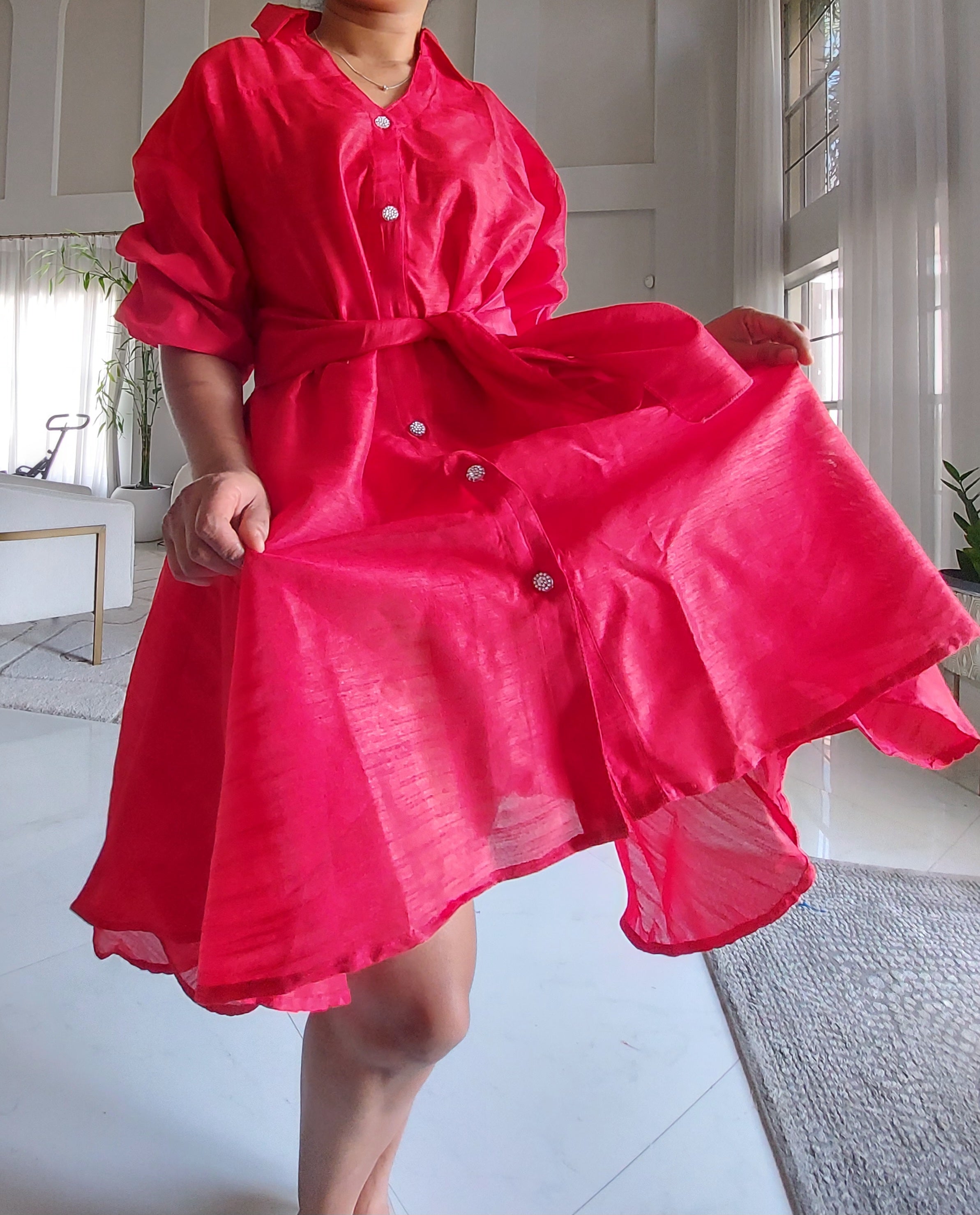 Swing Dress/ Faux Silk/ Ruffle Sleeve - 758 Red