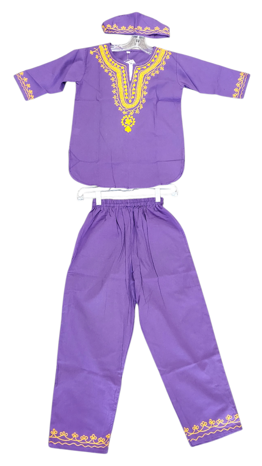 Boys 3 Pcs Embroidery Set/ Pant/Tunic/Kufi Hat 111 Purple