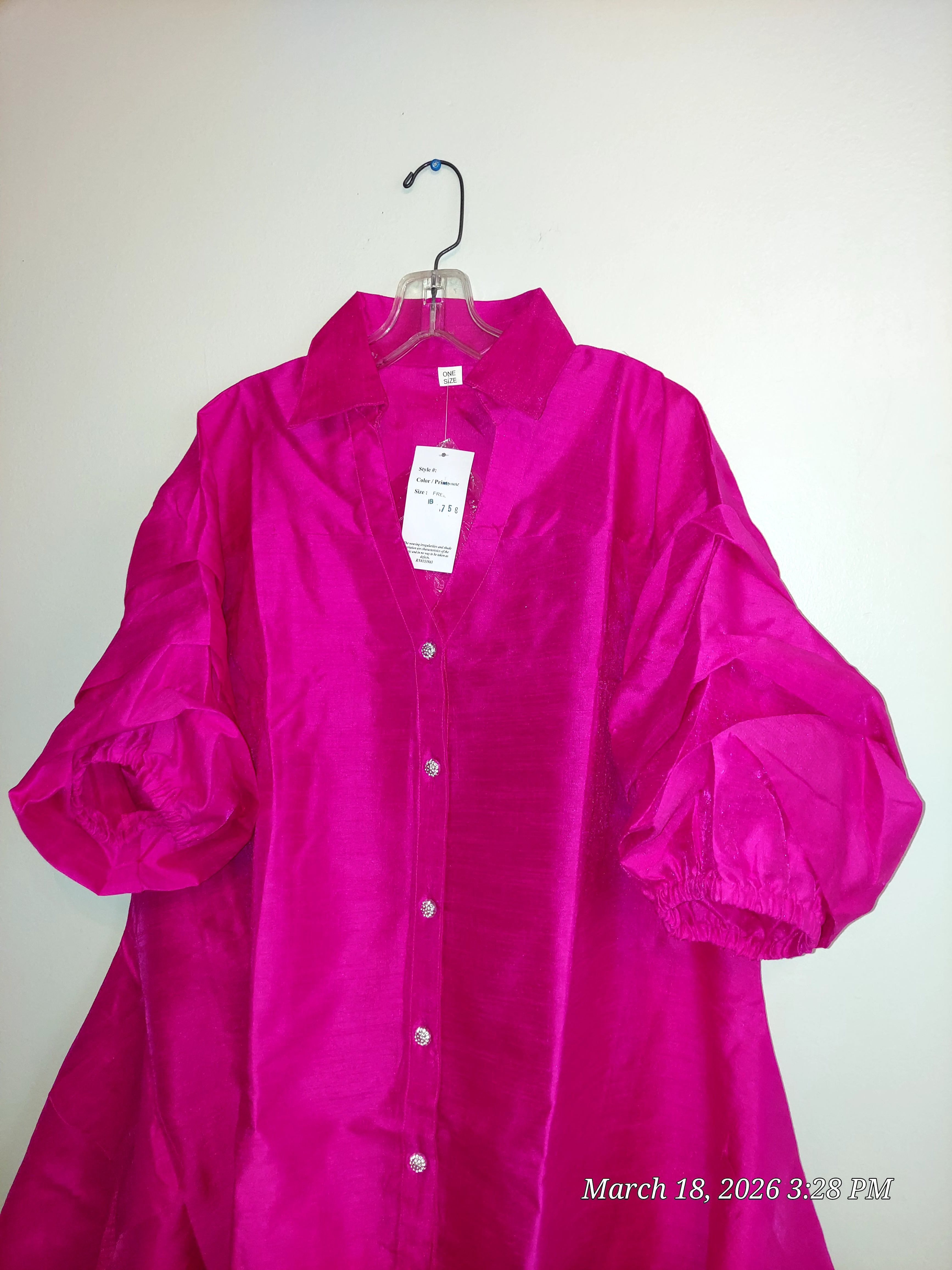 Swing Dress/ Faux Silk/ Ruffle Sleeve - 758 Bright Pink