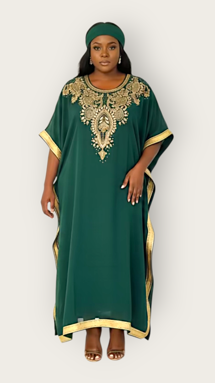 Beaded kaftan Dress With Gold Border J103