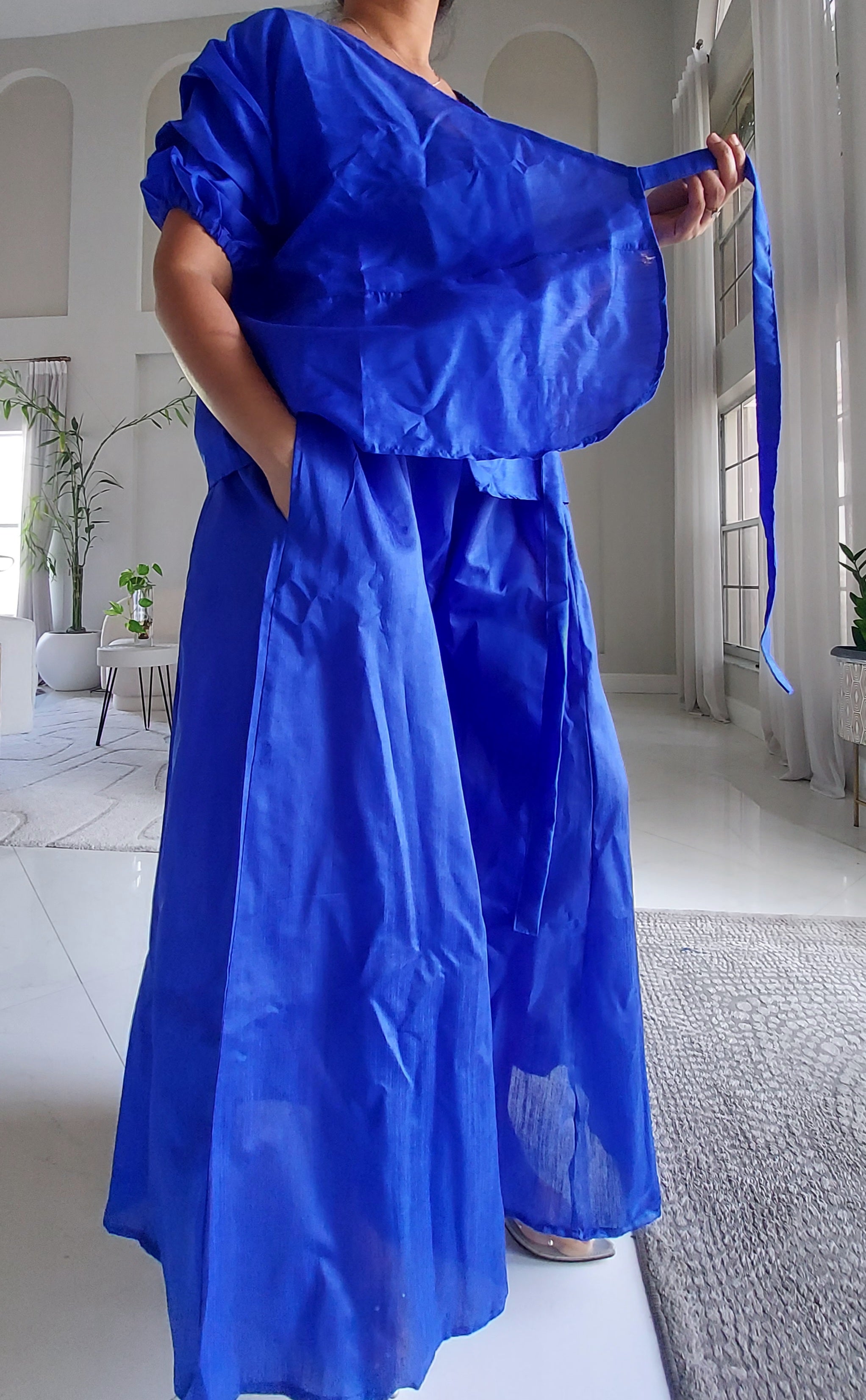 Faux Silk Palazzo Pant Set - Royal Blue 4196