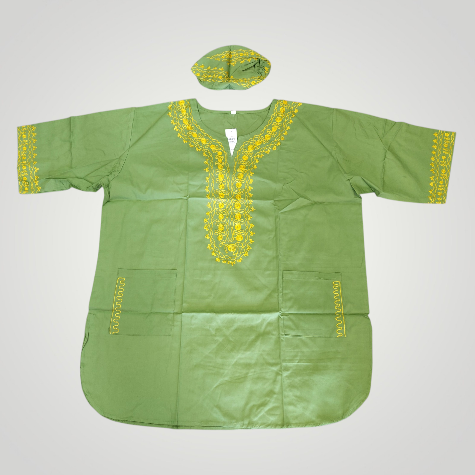 Men’s 3-Piece Embroidered Traditional Set – Kufi Hat, Tunic Shirt & Long Pant 764 Green