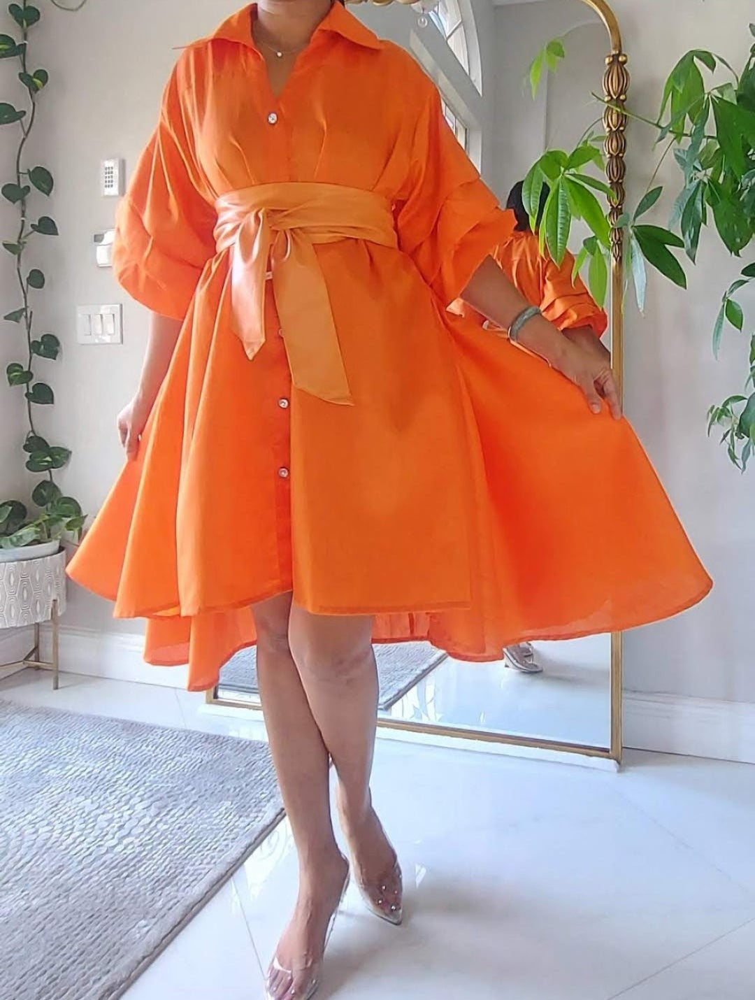 Swing Dress/ Faux Silk/ Ruffle Sleeve - 25013 Orange