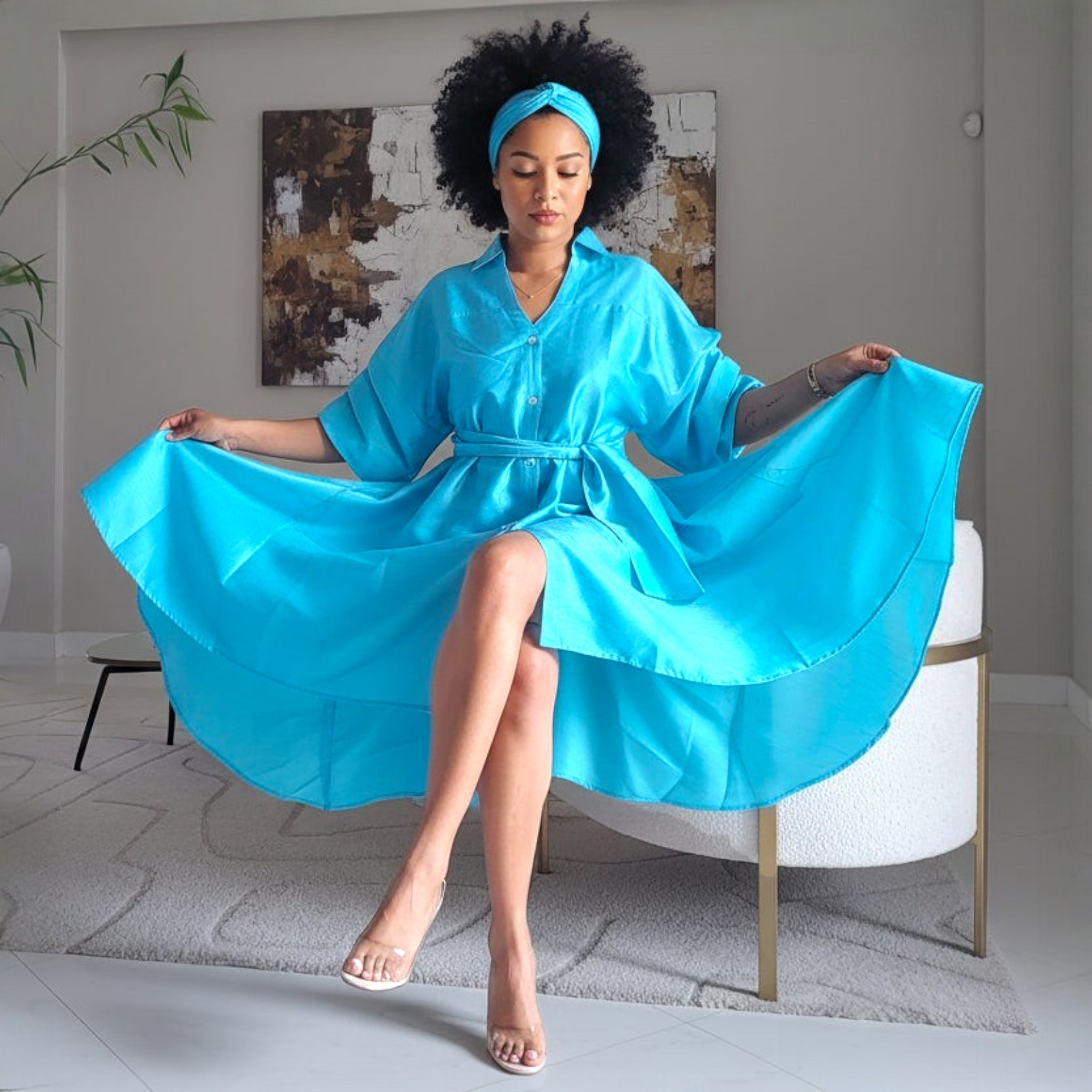 Swing Dress/ Faux Silk/ Ruffle Sleeve - 758 Light Blue