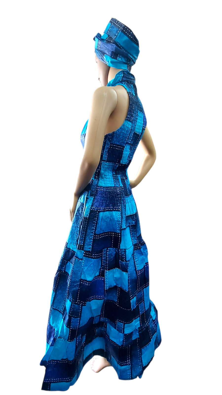 Smocked Halter Dress With Scarf Blue Patch- 3028L
