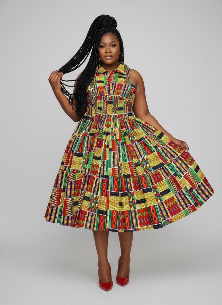 Middi Halter Smock Dress Kente kVC24-2