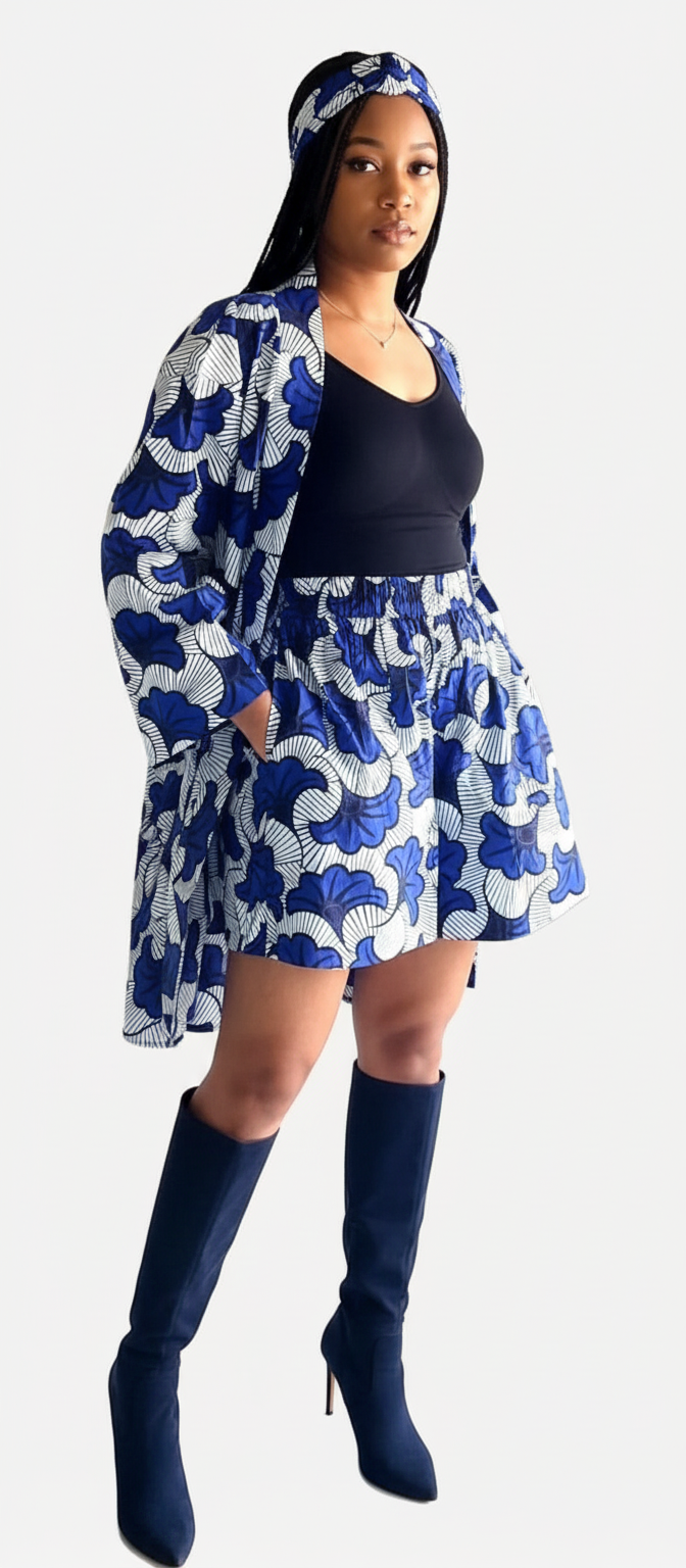 Kimono Shorts Set / Shorts & Kimono / Ankara Print 012 Blue/White