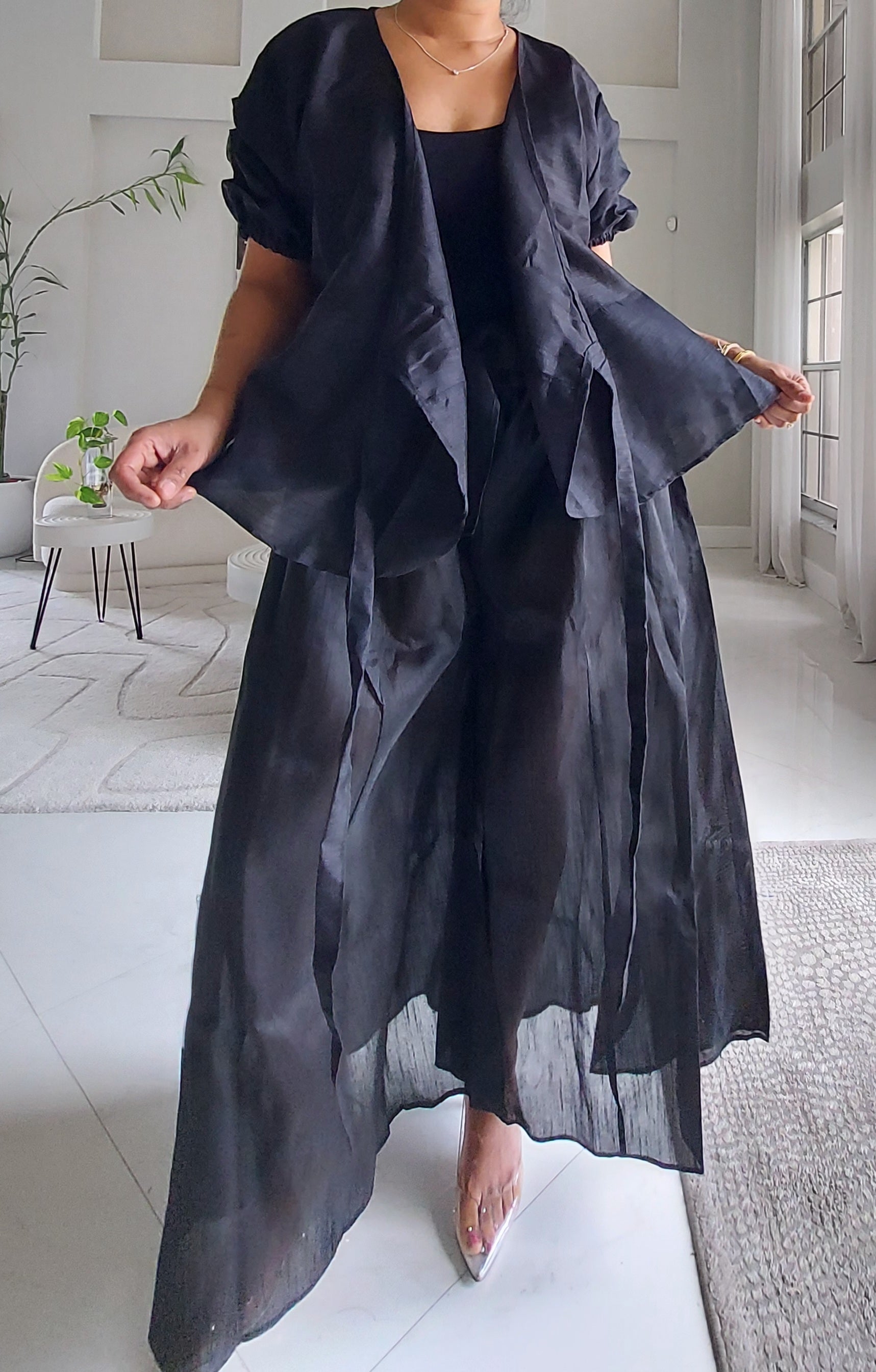 Faux Silk Palazzo Pant Set - Black 4196