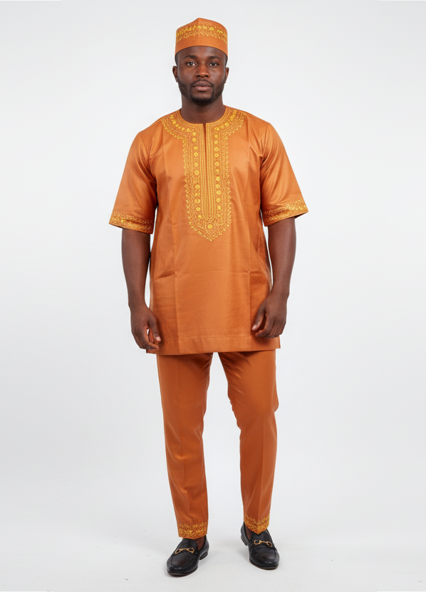 Men’s 3-Piece Embroidered Traditional Set – Kufi Hat, Tunic Shirt & Long Pant 764 Rust