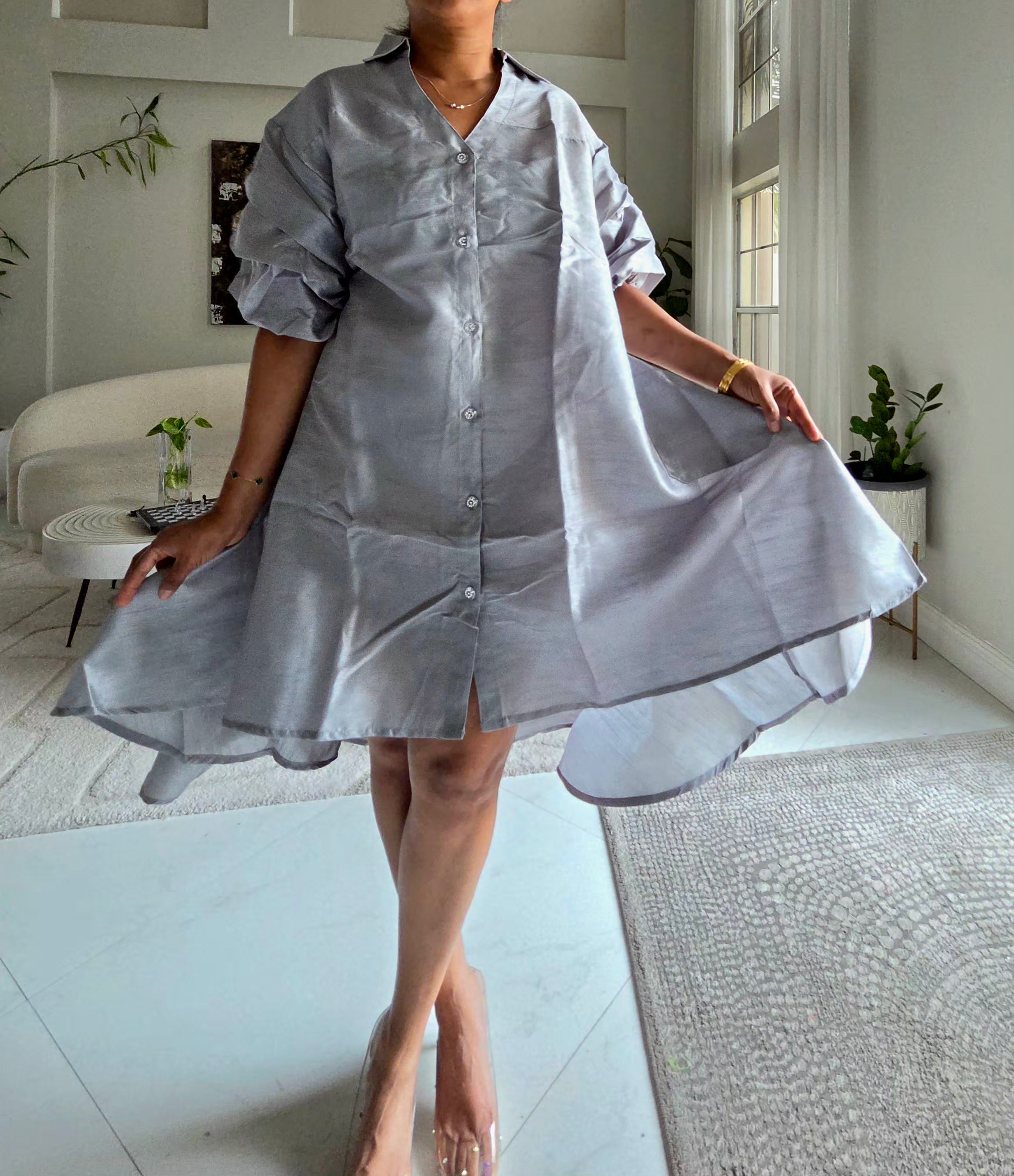 Swing Dress/ Faux Silk/ Ruffle Sleeve / Sparkle Button - 758