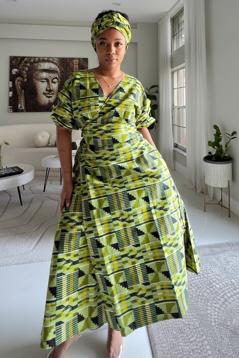 746 Wrap Dress With Puffed Sleeves Print 9A